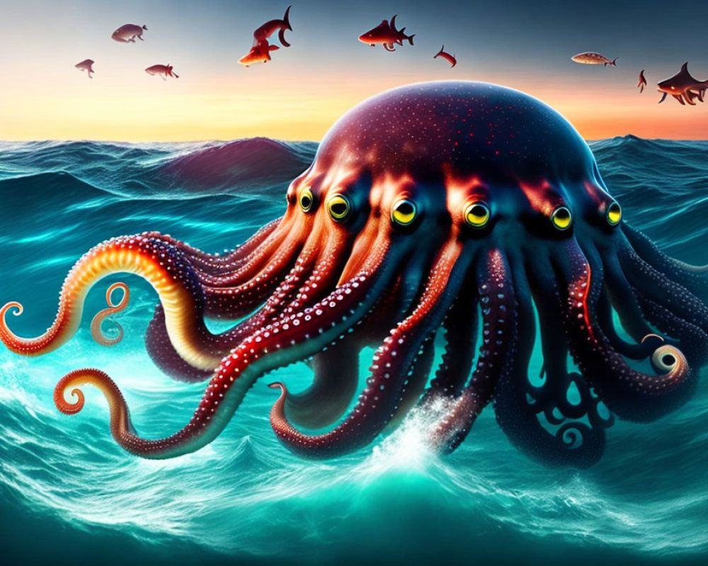 1000x800 image of Giant octopus fighting a giant squid in the deep ocean. Deep Dream Generator
