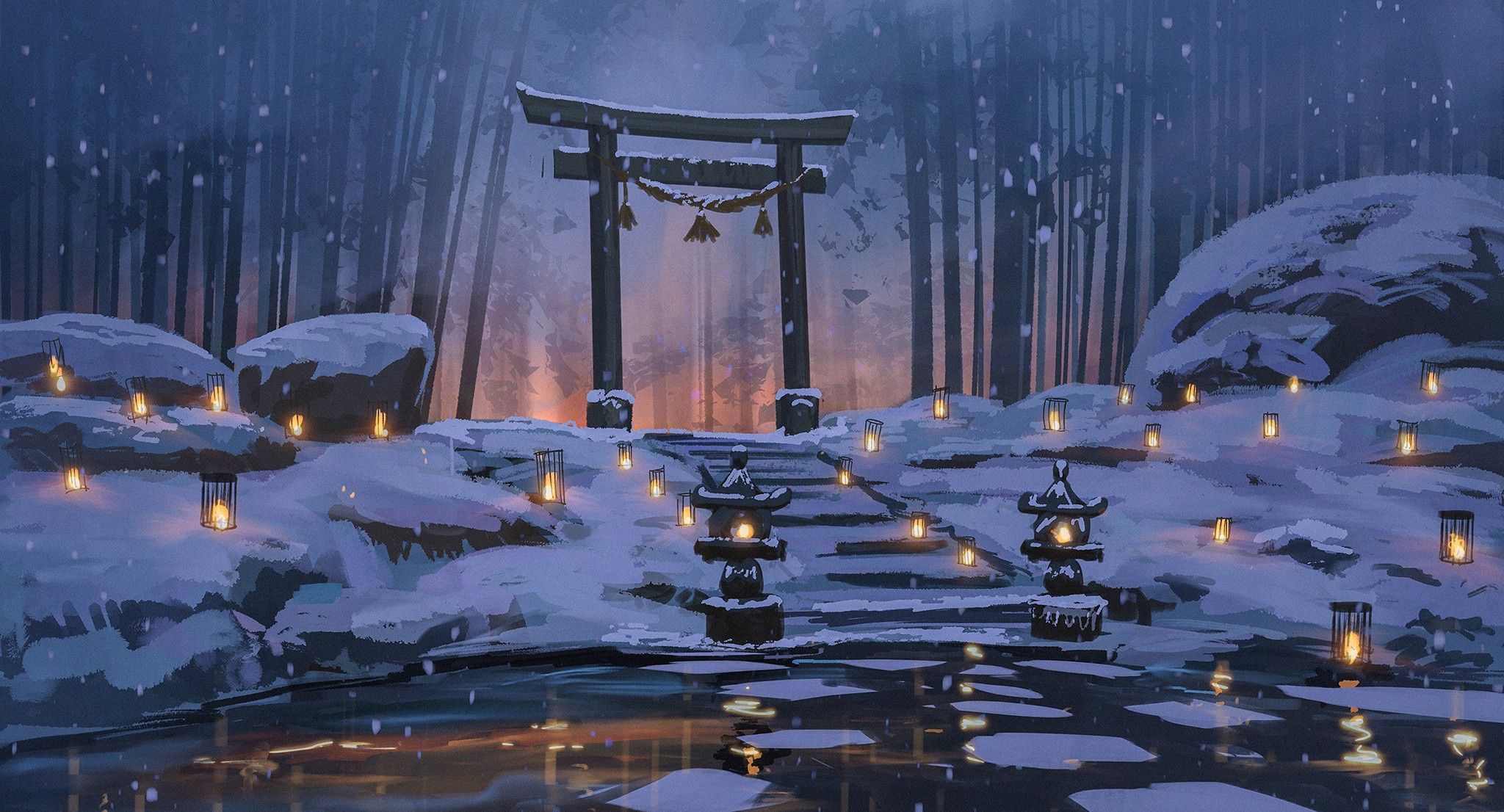 2048x1106 Wallpaper snow, pond, silence, Japan, lights, stage, Japan, winter forest for mobile and desktop, section живопись, resolution 2048x1106