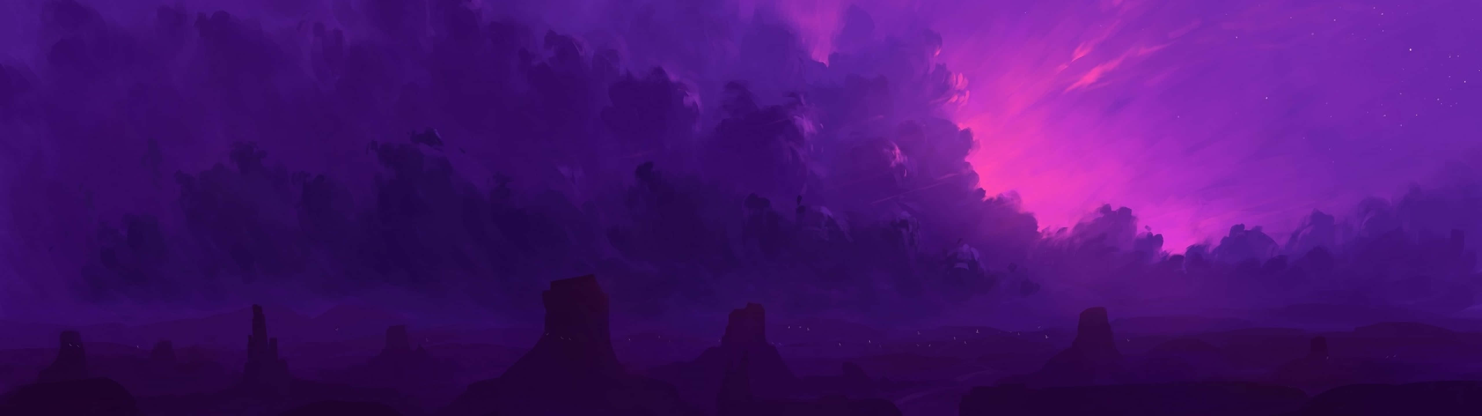 5120x1440 Download A Purple Landscape With Mountains And Trees Wallpaper