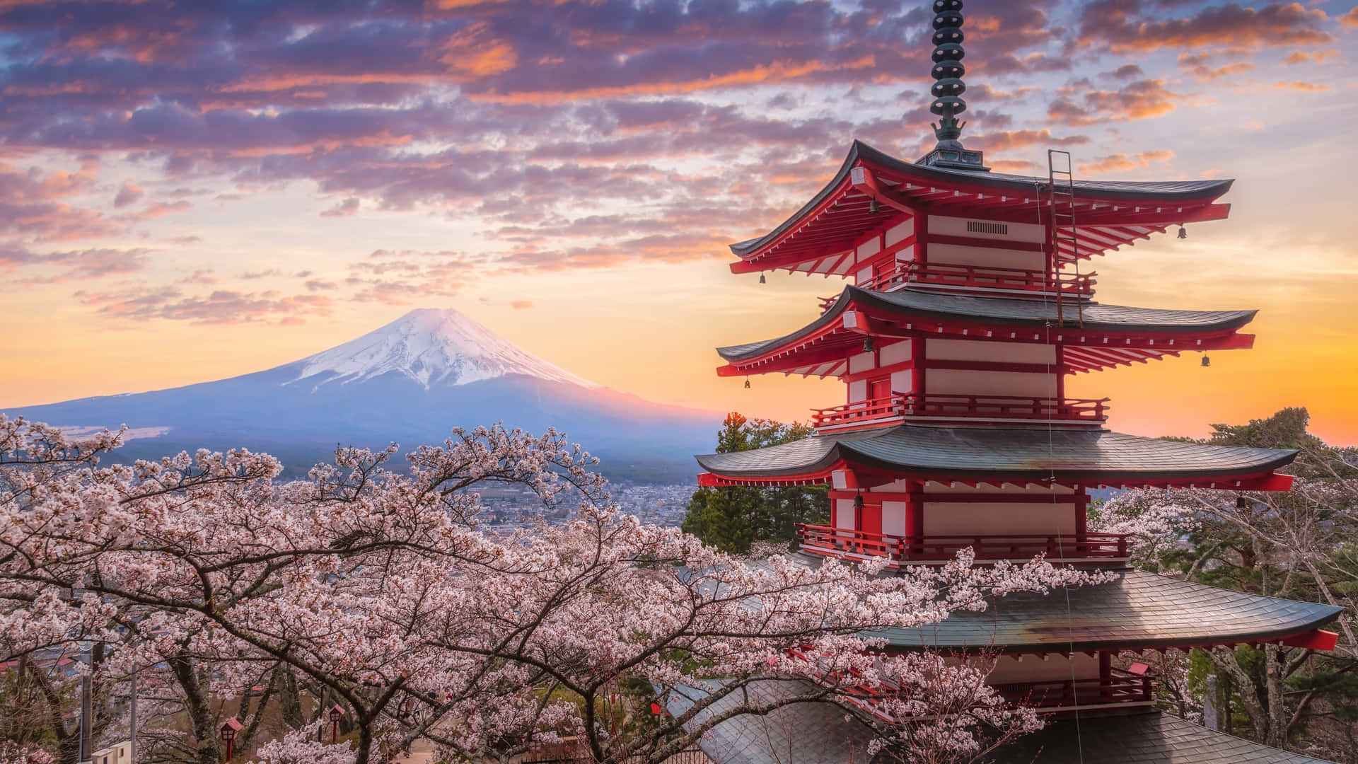 1920x1080 Download Fuji Peak With Chureito Pagoda And Cherry Blossoms Wallpaper