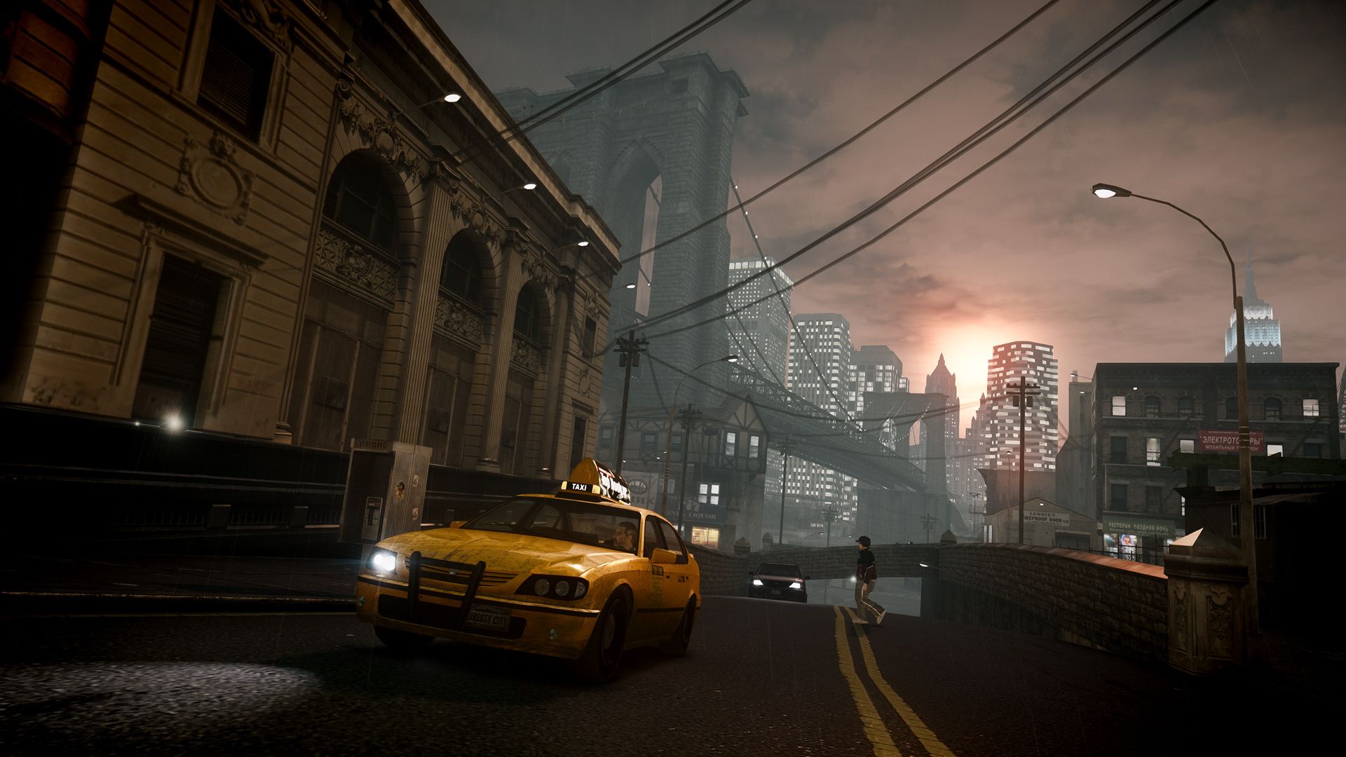 1920x1080 Wallpaper sunset, bridge, rain, the evening, taxi, New York, Grand Theft Auto IV for mobile and desktop, section игры, resolution 1920x1080