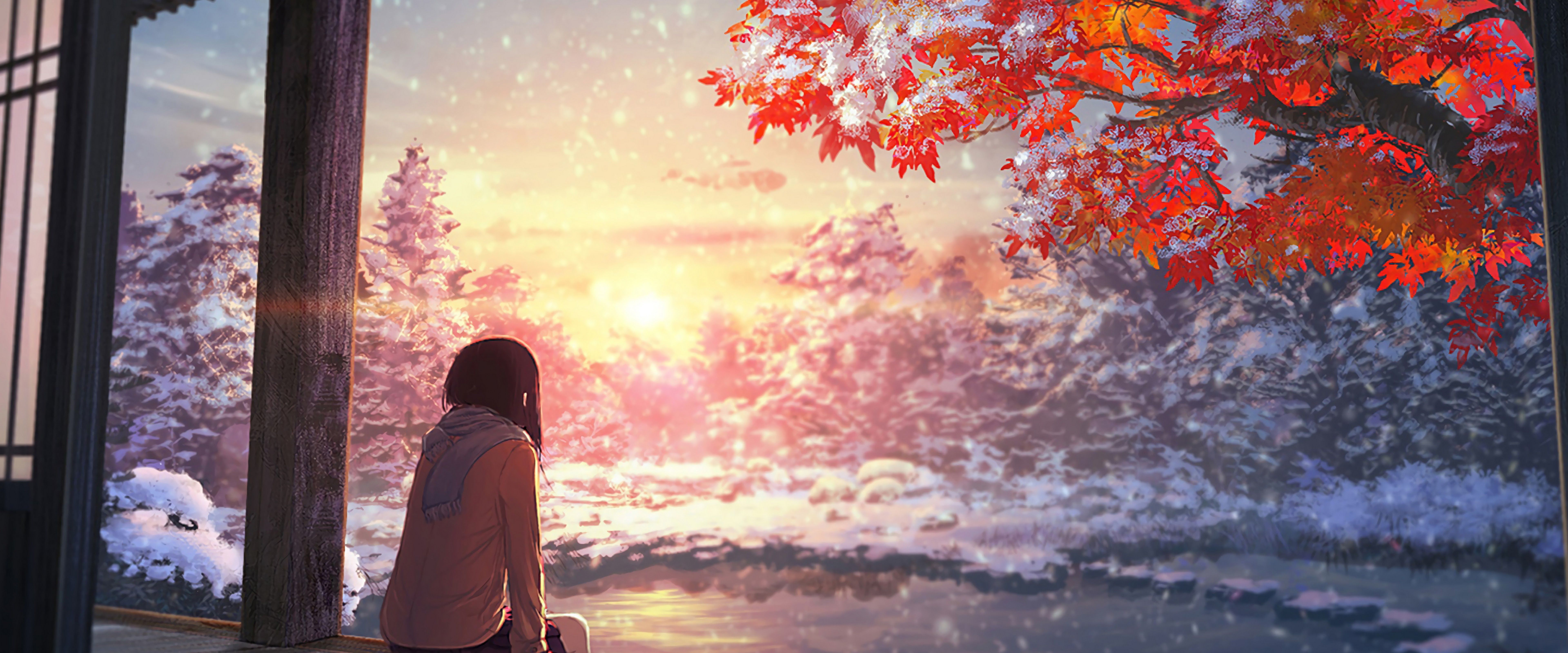 7680x3200 Anime Scenery Autumn Sunset 4K Wallpaper HD