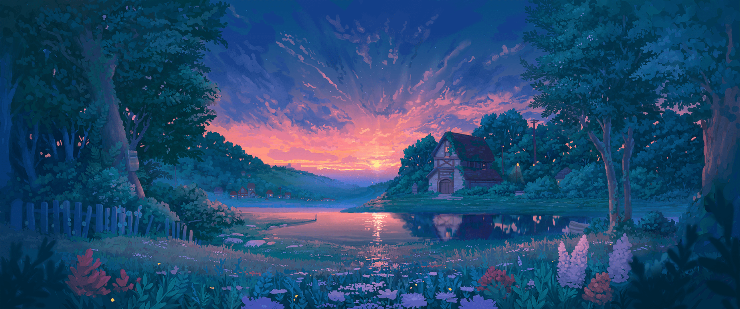 2586x1080 Anime Cottage Wallpaper