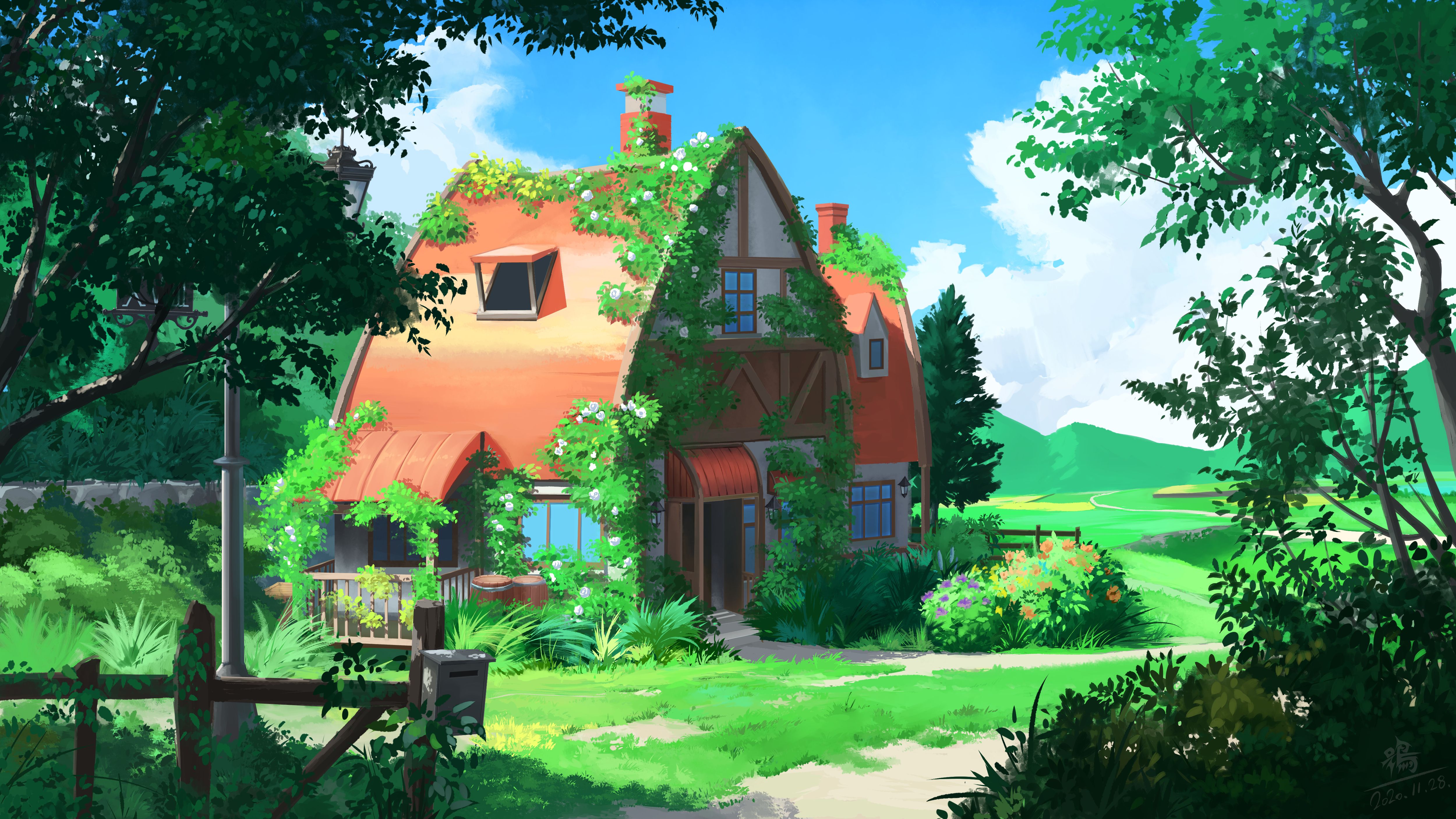 5000x2813 Anime Cottage Haven: 4K Ultra HD Nature Retreat by Promasicの猫头鹰x2813