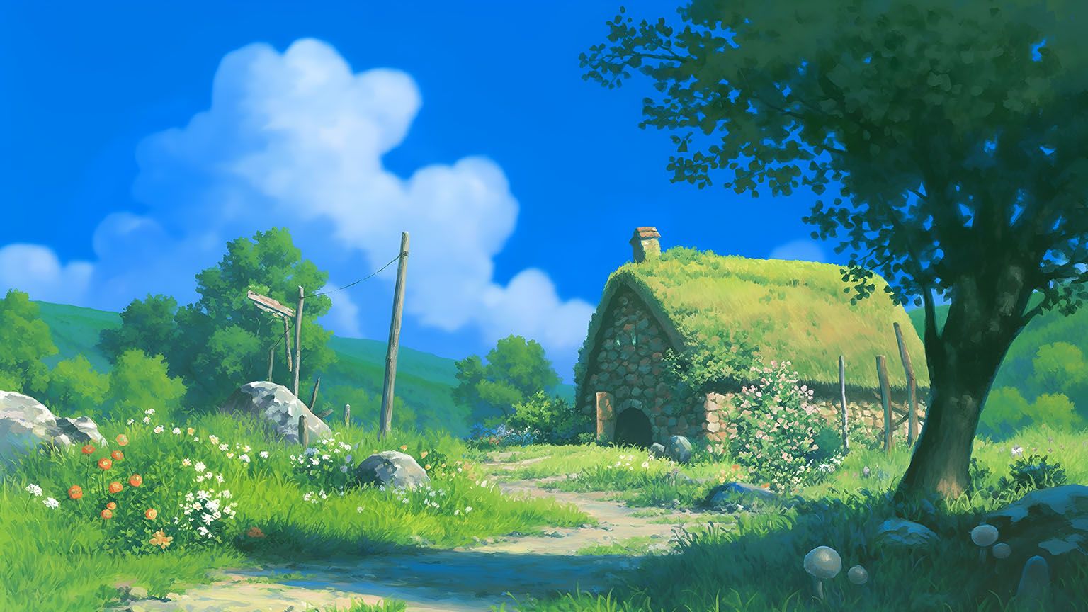 1536x864 Studio Ghibli Stone Cottage Wallpaper in HD & 4K