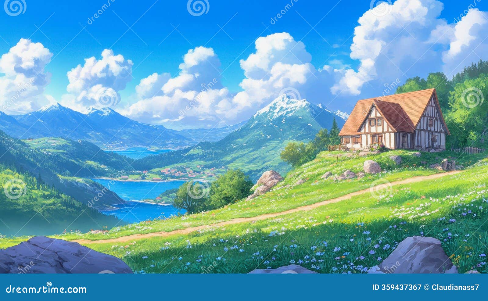 1600x987 Majestic Anime Landscape with Mountains, Lakes, and a Charming Cottage Stock Image of sunlight, peaceful: 359437367