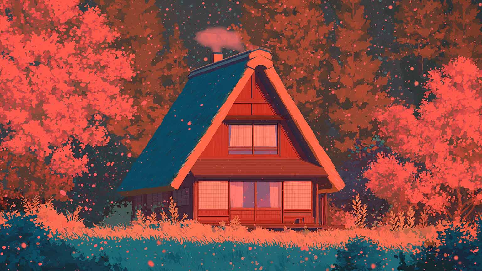 1536x864 Free Anime Tea House Autumn Cozy Cottage 4K Wallpaper