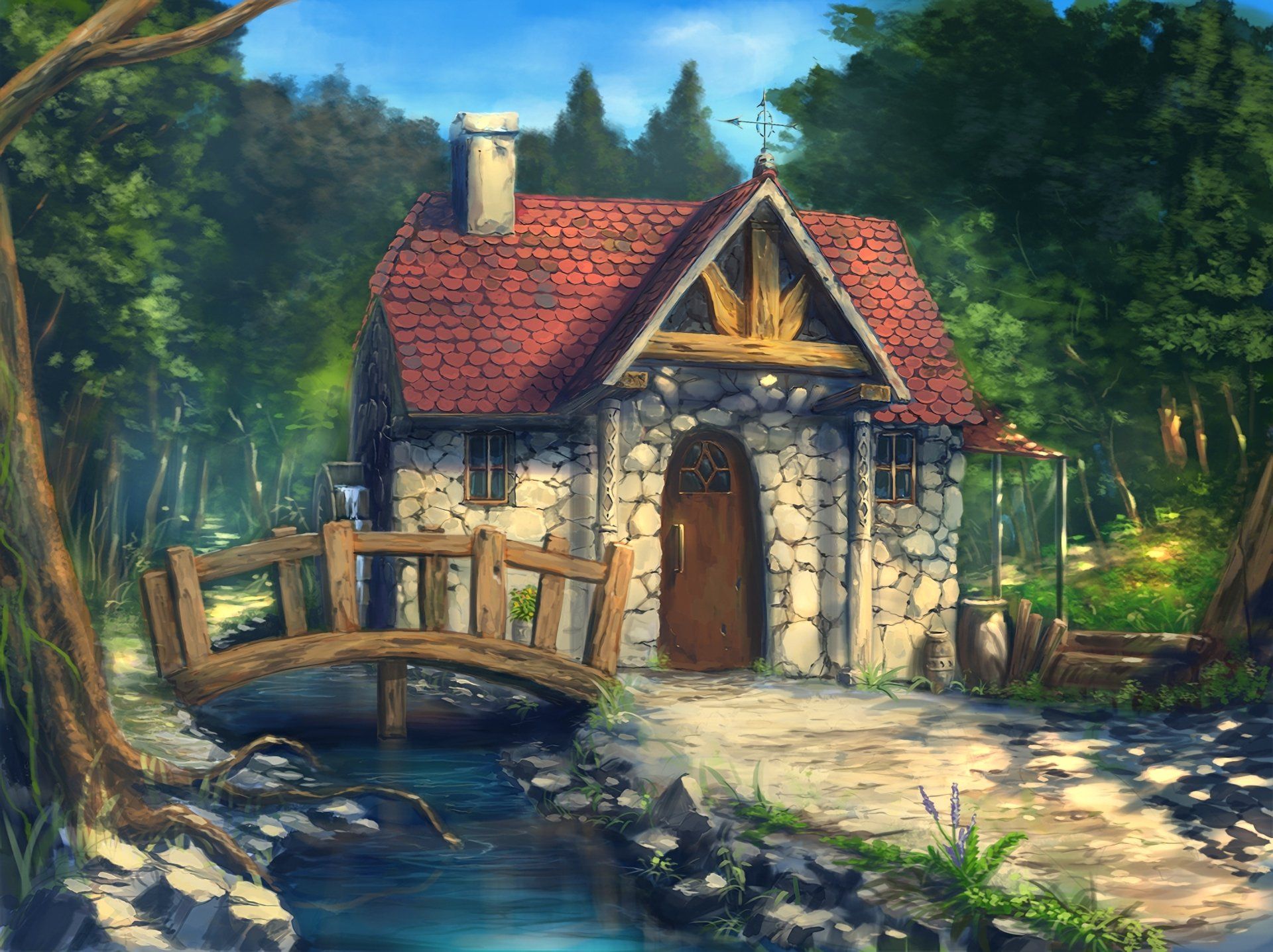 1920x1436 Charming Anime Cottage: HD House in Lush Forest Settingx1436