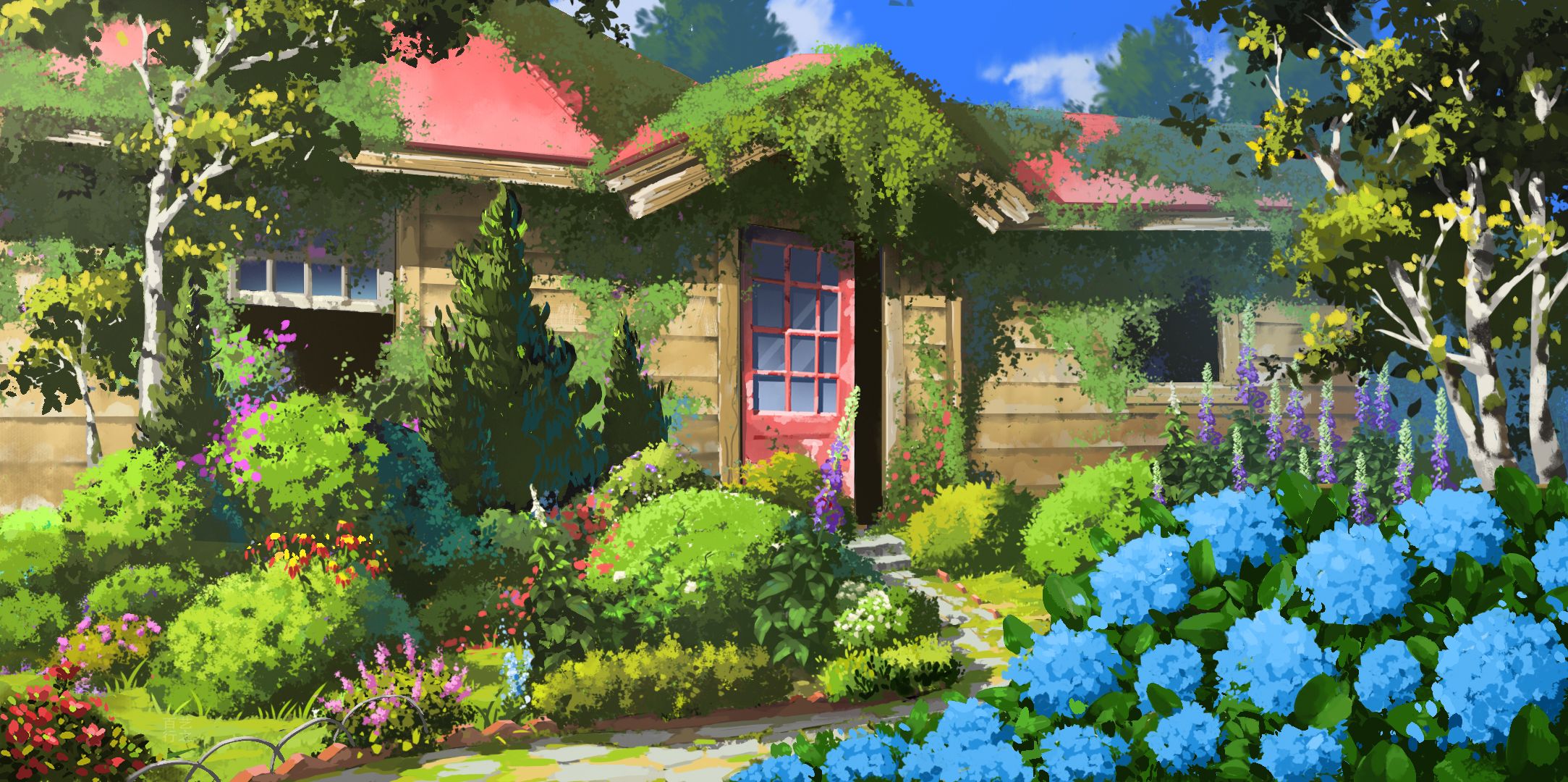2167x1080 Anime Garden Retreat: Vibrant Flowers Surround a Cozy House HD Wallpaper by 行之LVx1080