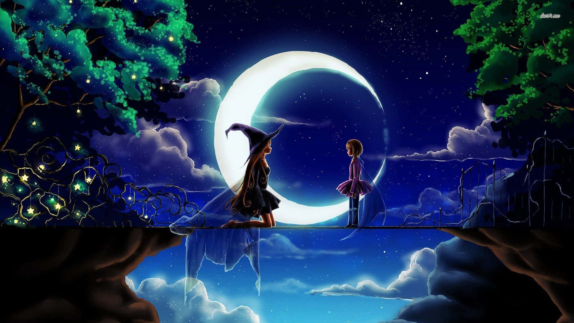 1920x1080 Download A magical scene of a night sky illuminating the witch's cottage