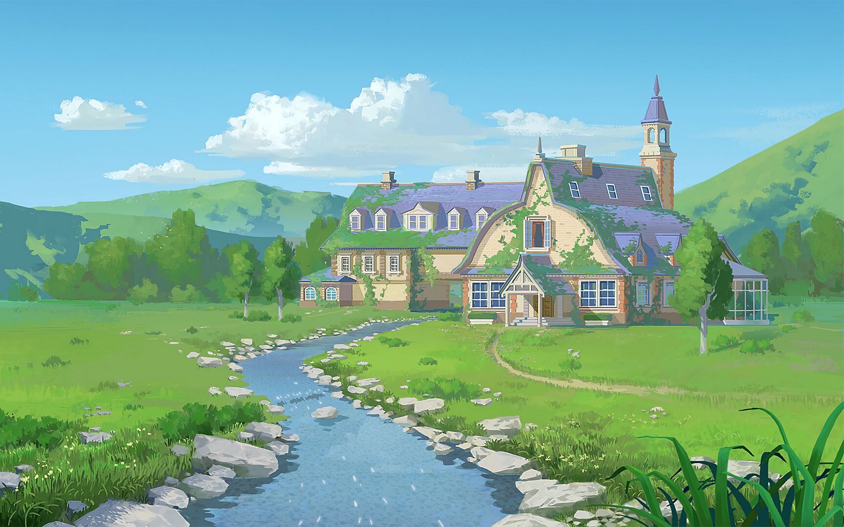 1680x1050 Download wallpaper 1680x1050 house, cottage, river, art widescreen 16:10 HD background