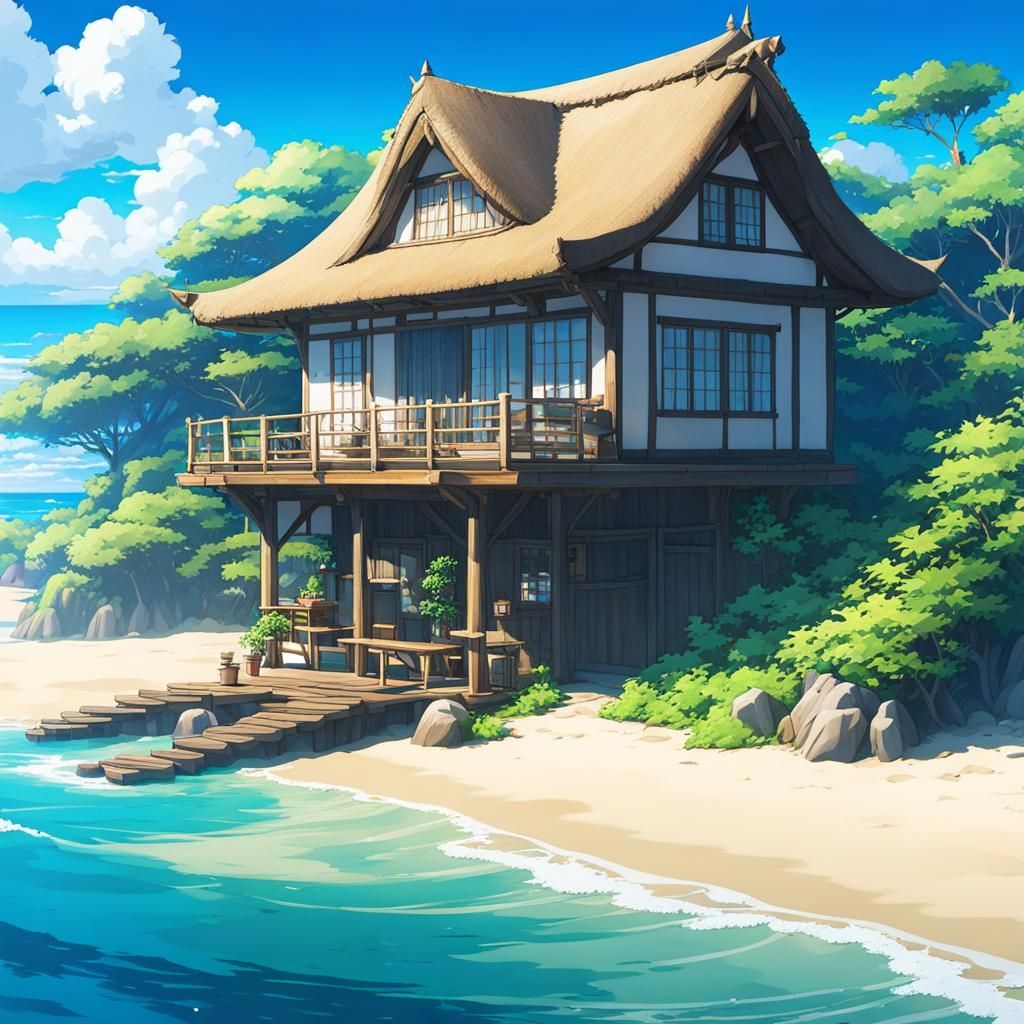 1024x1024 seclusion Anime Cottage on Ocean Beach