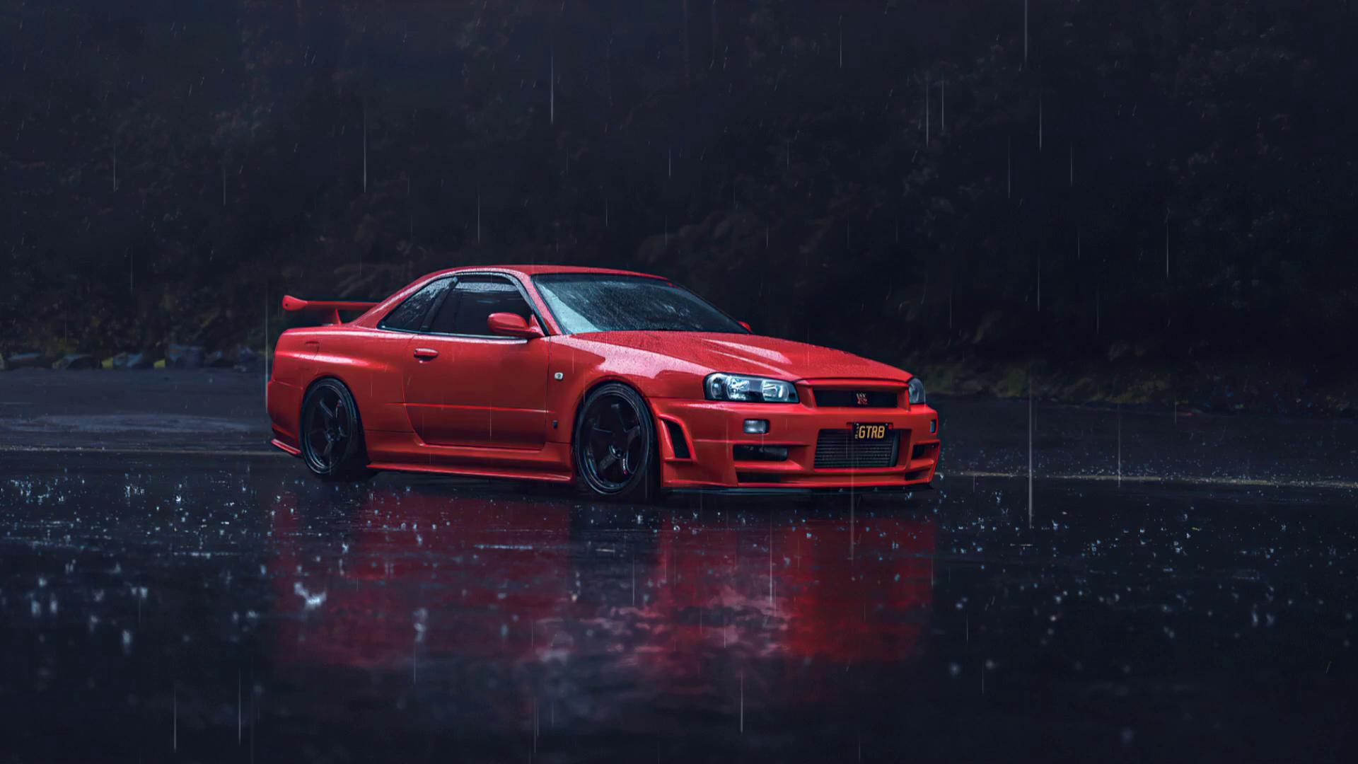 1920x1080 Red Nissan Parked on the Road Under the Rain Live Wallpaper