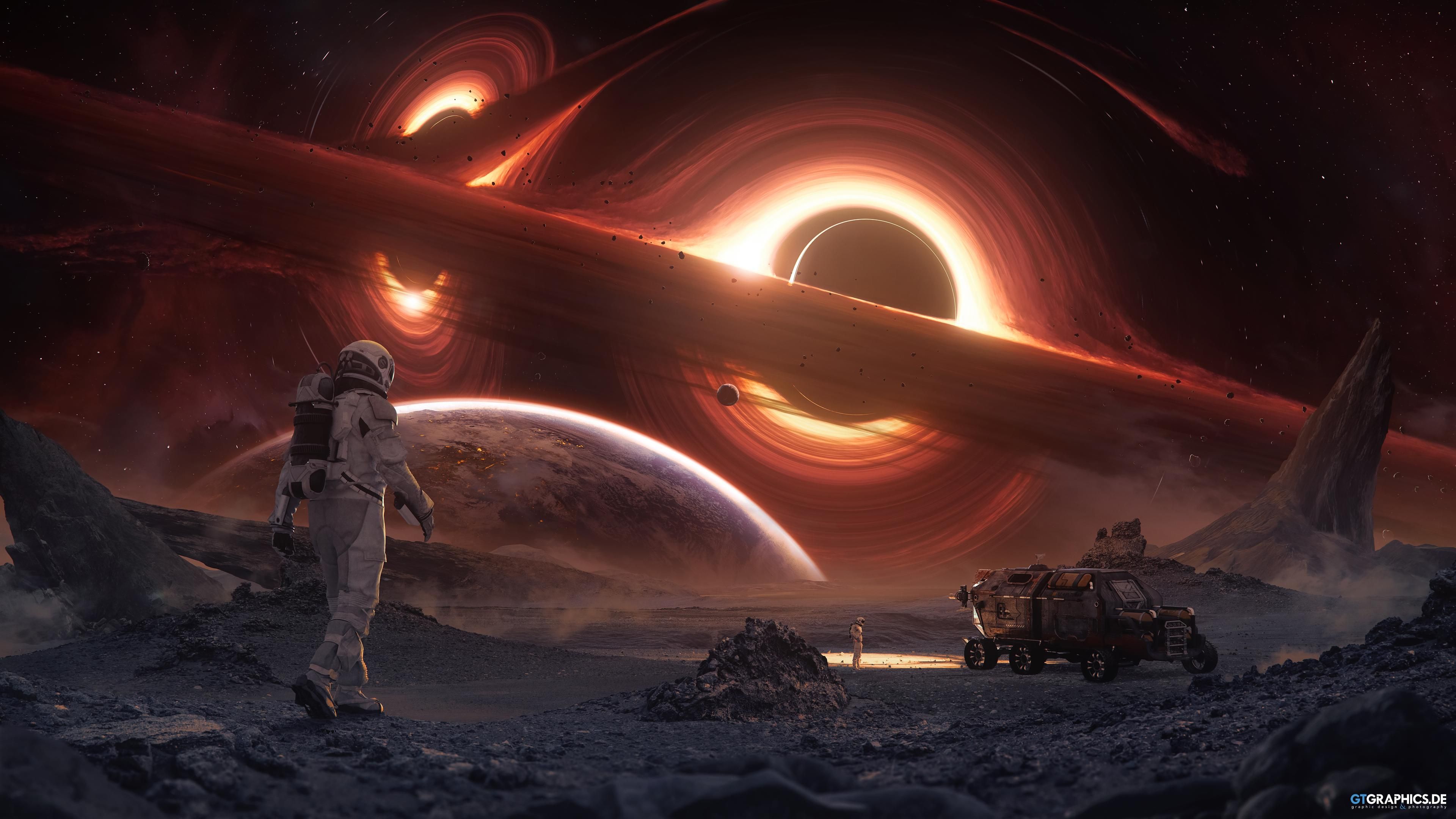 3840x2160 4K Sci Fi Astronaut Near Majestic Black Hole On Alien Planetscape By Tobias Roetschx2160