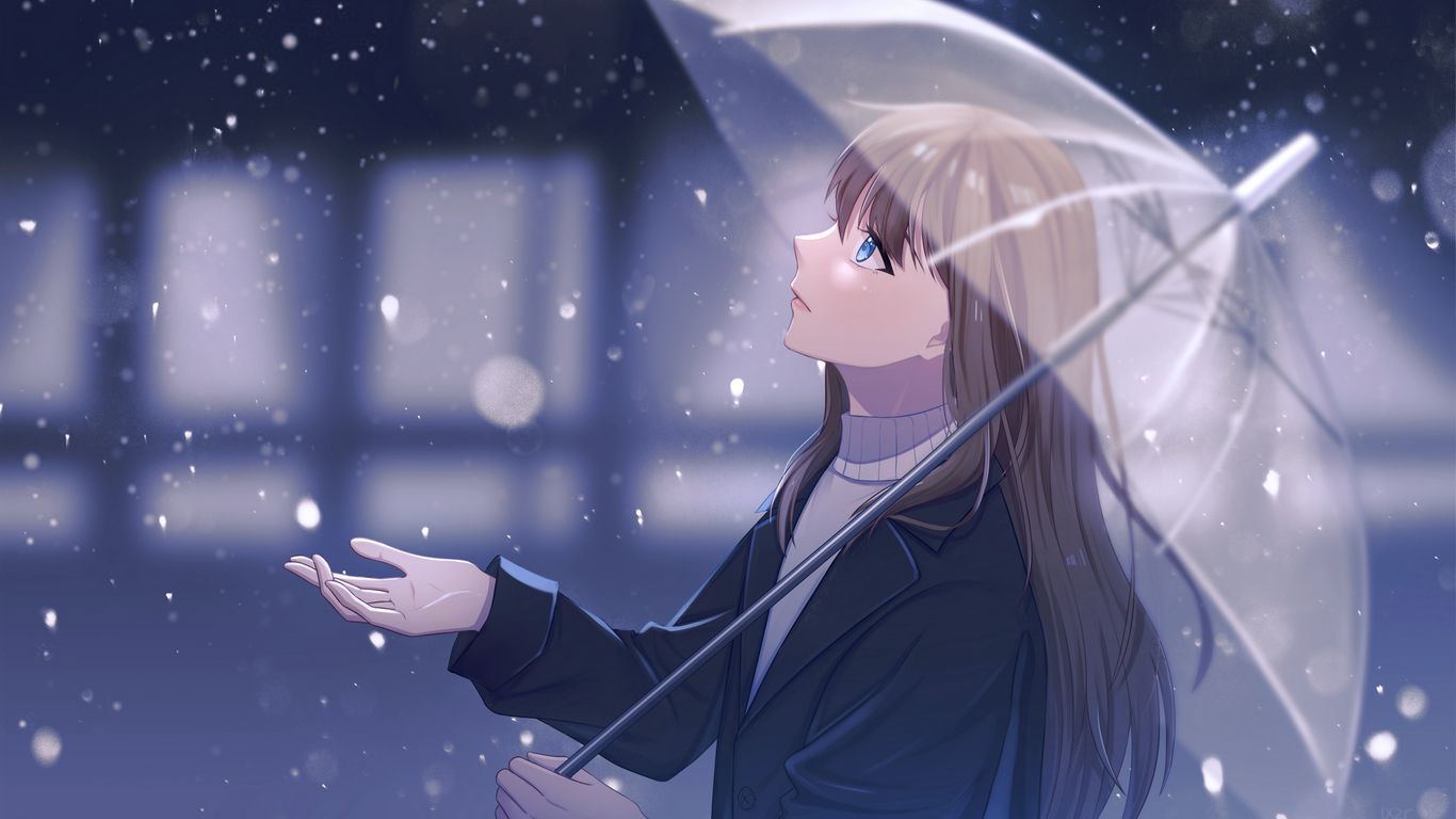 1366x768 Download wallpaper 1366x768 girl, umbrella, rain, anime, art, cartoon tablet, laptop HD background