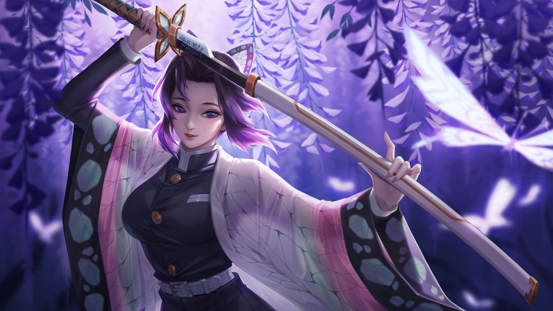1920x1080 Demon Slayer Shinobu Kochou With Purple Eyes Purple Hair Having Long Sword With Background Of Purple Flowers HD Anime Wallpaper