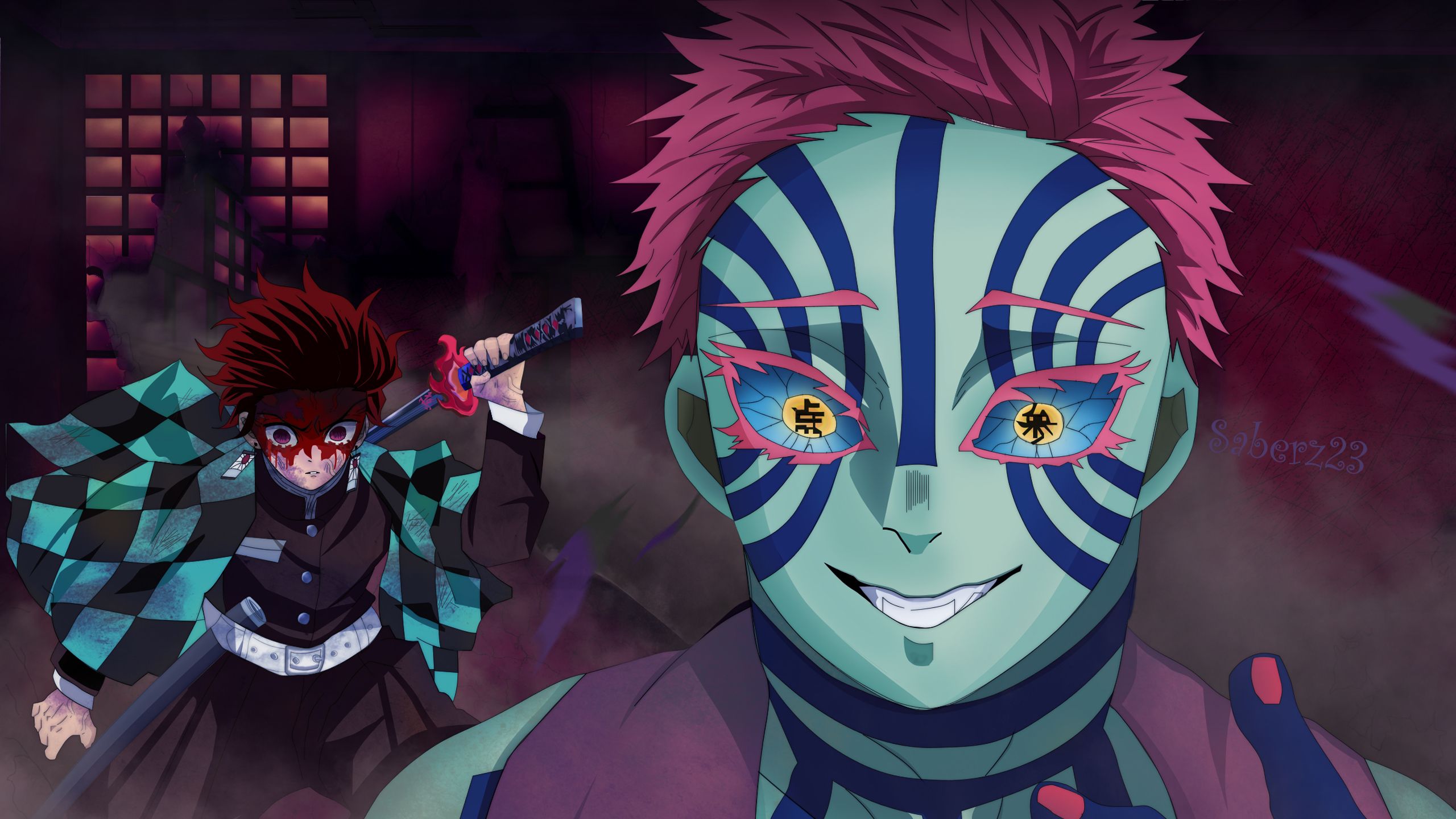 2560x1440 Purple Hair Akaza Tanjiro Kamado HD Demon Slayer Kimetsu no Yaiba Wallpaper