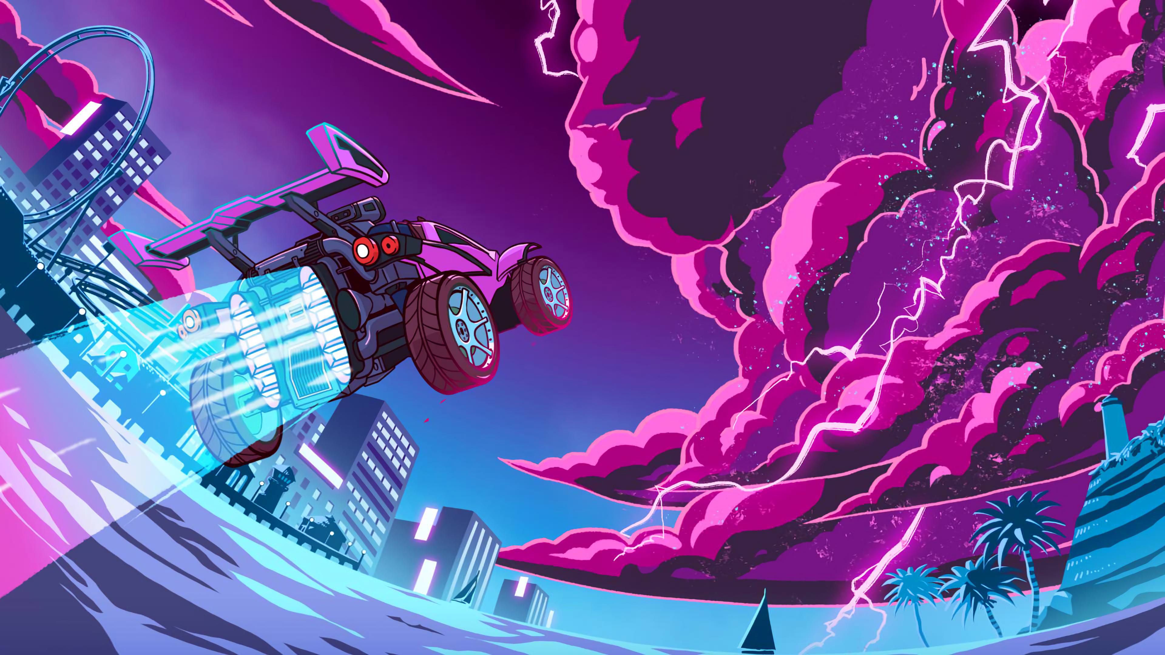 3840x2160 rocket league in purple pink sky background 4k HD games Wallpaper