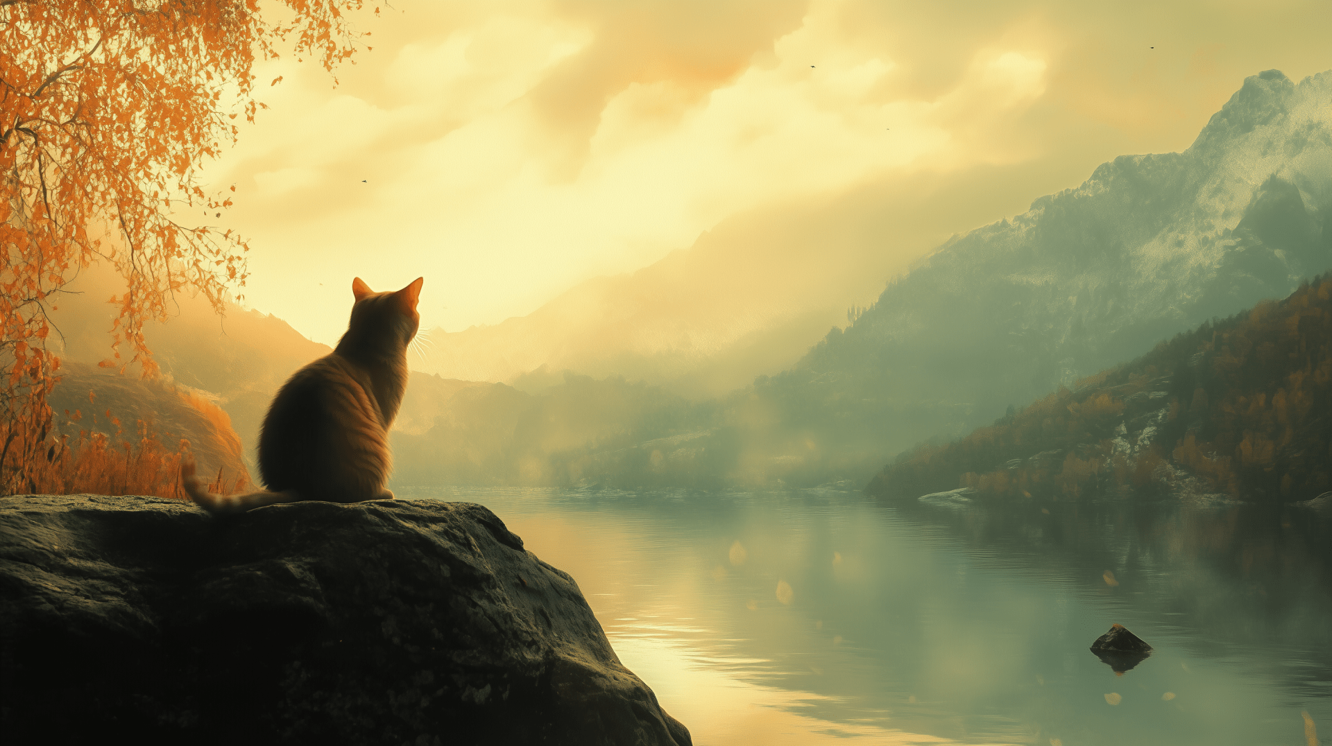 1920x1076 Lonely Cat by the Foggy Lake Wallpaper