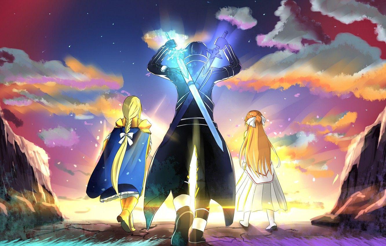1332x850 Wallpaper girls, guy, swords, crossover, Sword Art Online, Asuna, Kirito, Sword Art Online image for desktop, section сёнэн