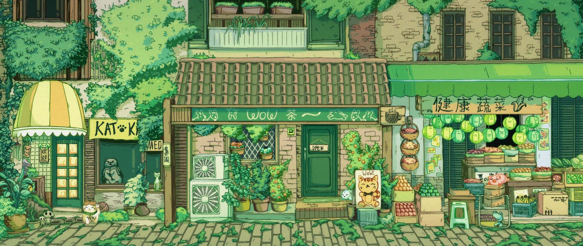 1920x810 Download Studio Ghibli Inspired Street Scene Wallpaper