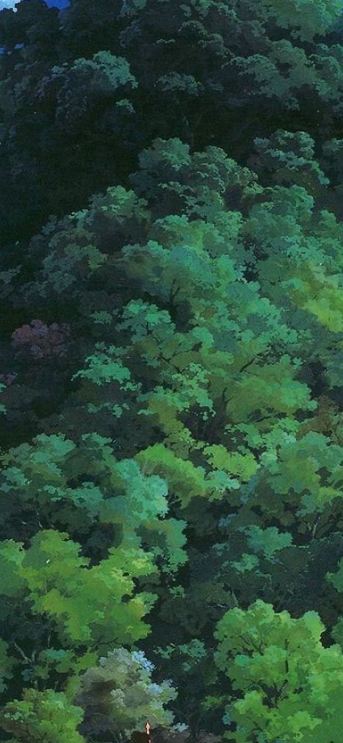 1125x2436 Studio Ghibli Tree Green Art Illustration Love Anime iPhone Wallpaper Free Download