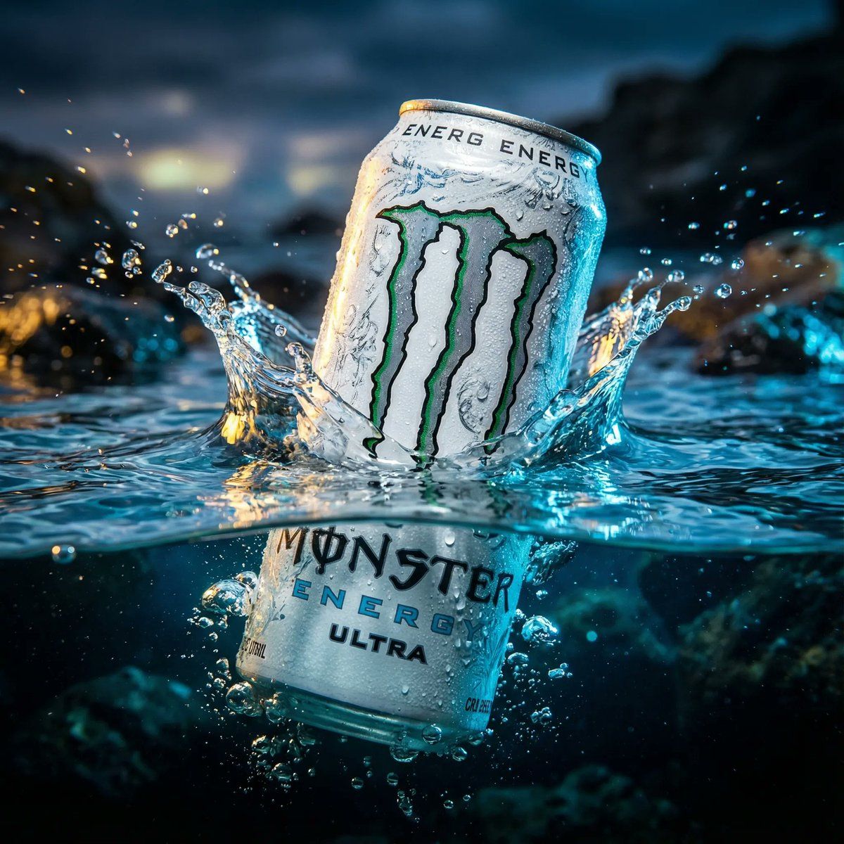 1200x1200 Product Ad Style Image Of The White Monster Ultra Energy Drink Half Submerged In Crystal Clear Water Created With Google Nano Banana Pro On Higgsfield Prompt Used: Cinematic, Ultra Realistic, Aesthetic Wallpaper Style