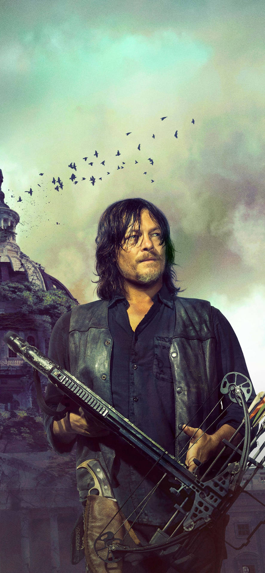 887x1920 Download Walking Dead Daryl With Smoke Wallpaper