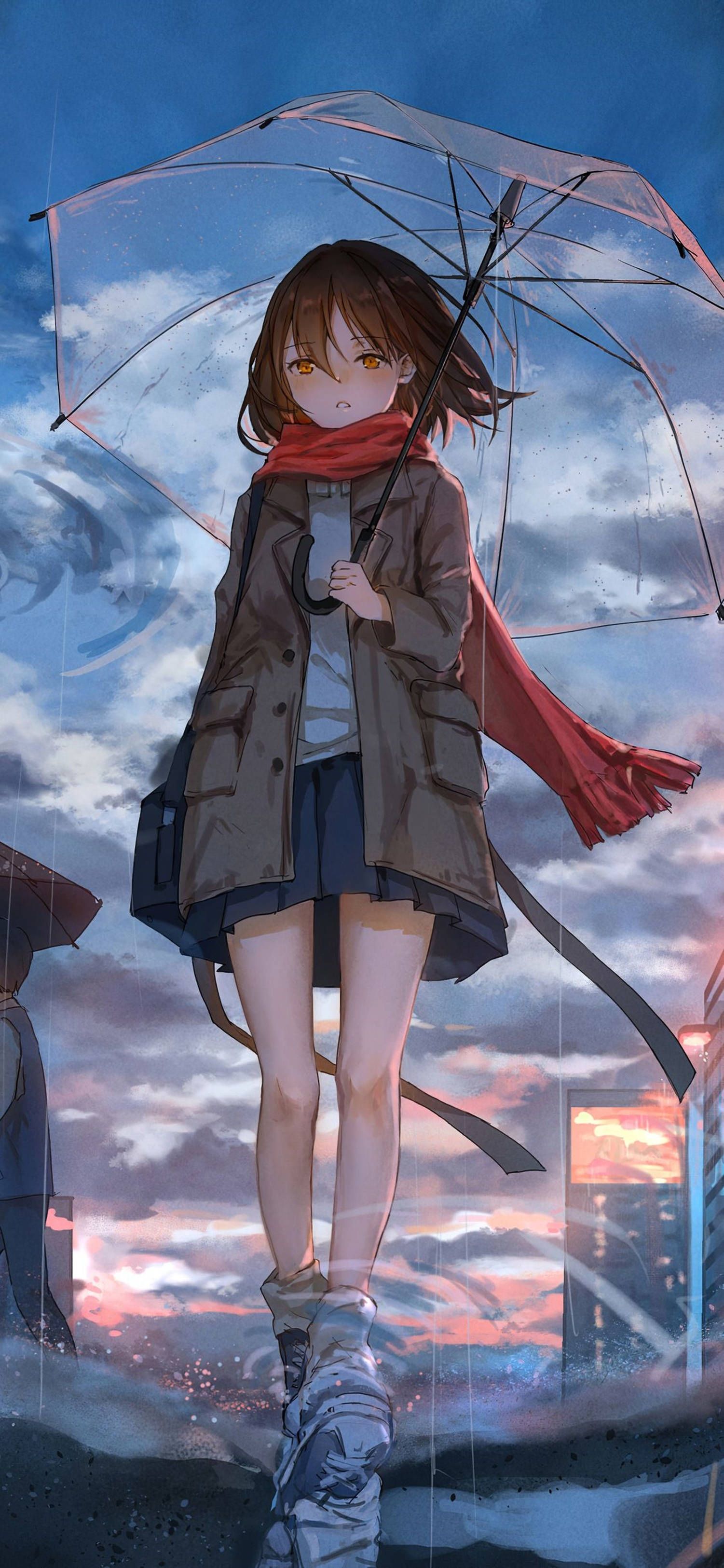 1501x3250 Download 4K Anime IPhone Girl With Red Scarf Wallpaper