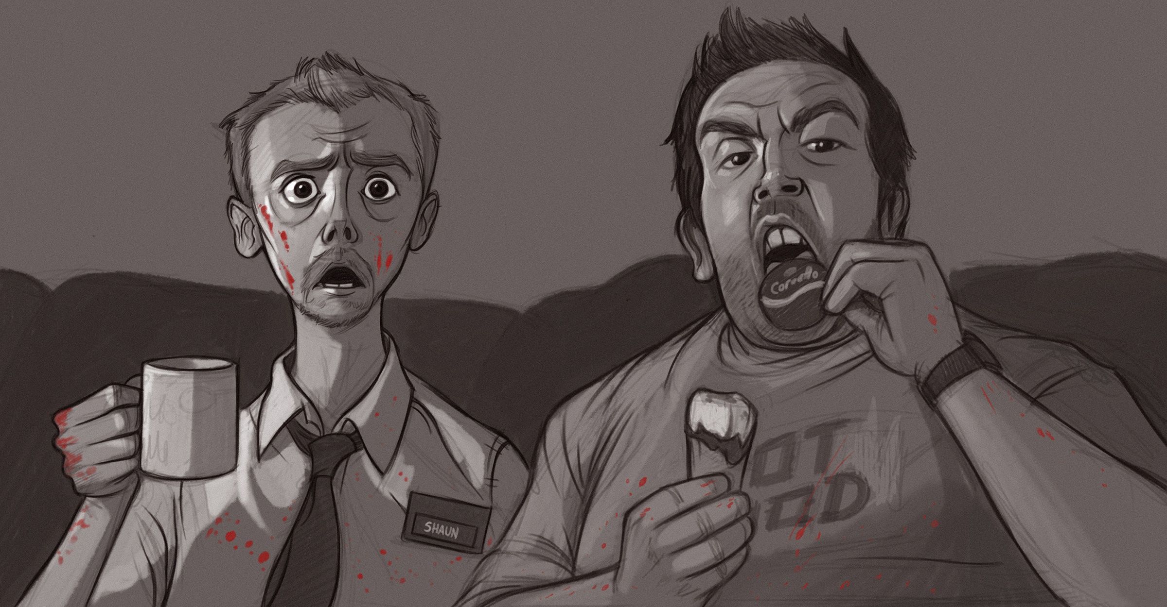 2400x1250 Wallpaper art, Nick Frost, Simon Pegg, A zombie named Sean, Shaun of the Dead, Shaun for mobile and desktop, section фильмы, resolution 2400x1250