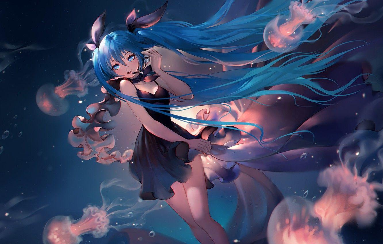 1332x850 Wallpaper girl, dress, jellyfish, Hatsune Miku, Vocaloid, under water, anime, art, long hair image for desktop, section прочее