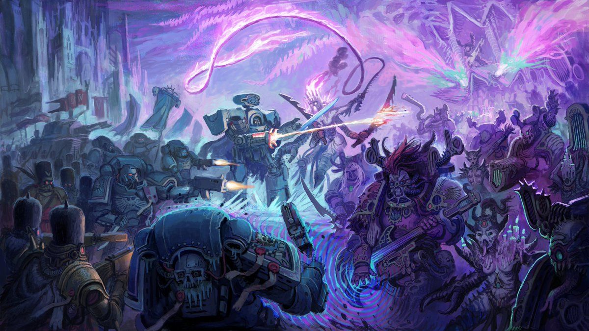 1200x675 Emperors Children, Slaanesh daemons, Vostroyan Firstborn and Frostbite Space Marines (client homebrew) going to WAR