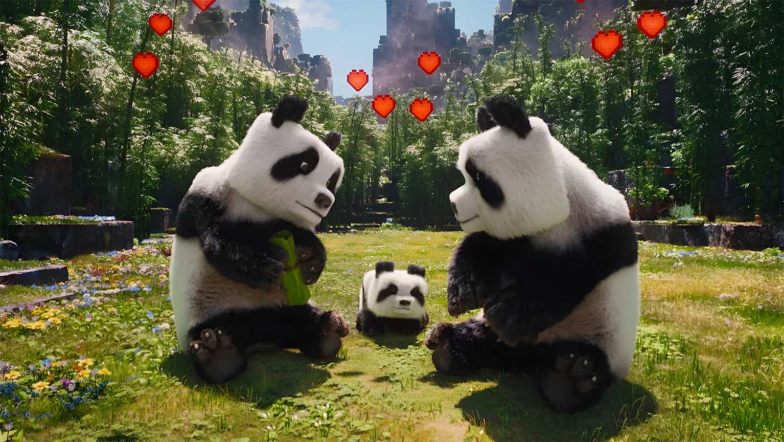 1534x864 Free Minecraft Movie Pandas with Hearts Desktop Wallpaper 4K