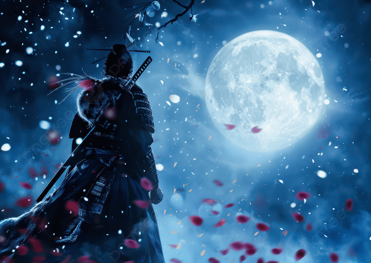 1200x849 A Samurai Stands Under Full Moon Surrounded By Falling Petals Evoking Mystical Atmosphere Photo And Picture For Free Download