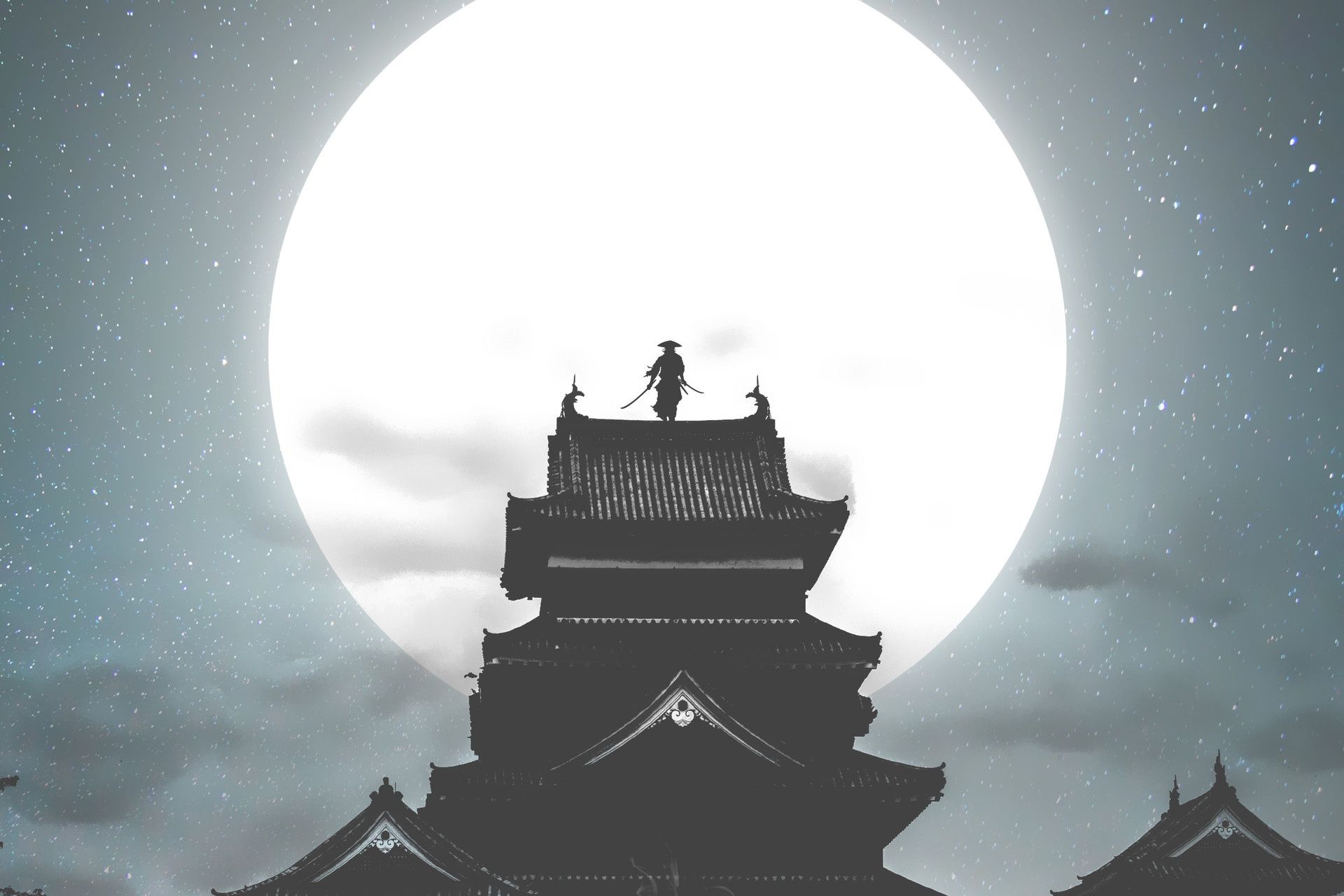 1920x1280 Wallpaper roof, night, castle, the moon, art, samurai, Palace, Illustration for mobile and desktop, section арт, resolution 1920x1280