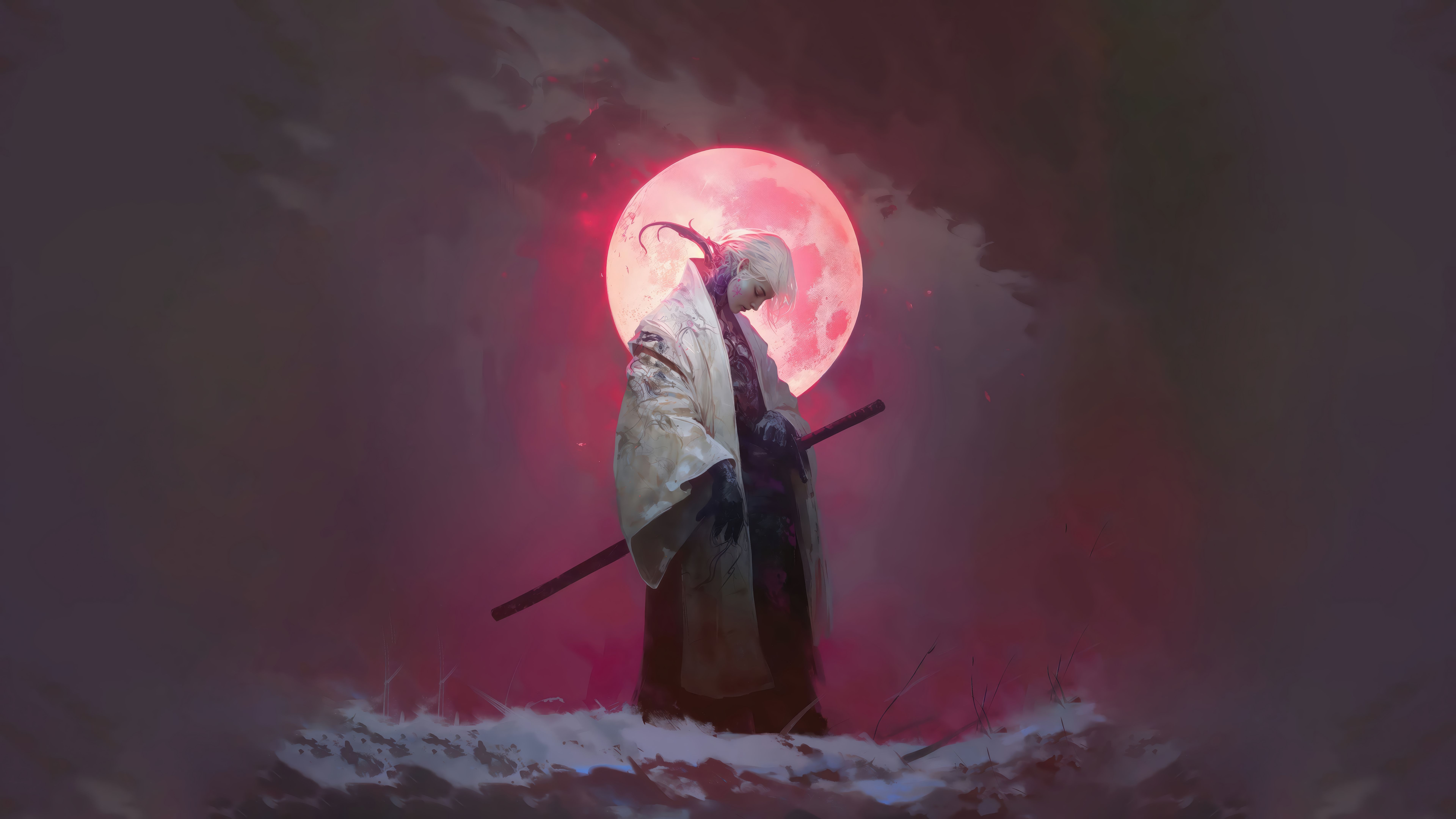 7680x4320 Fantasy Samurai Kimono Full Moon Wallpaper 4K 8K HD PC f