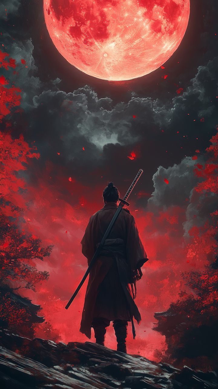 720x1280 free 4K wallpaper samurai, katana, moon, red, dark, art