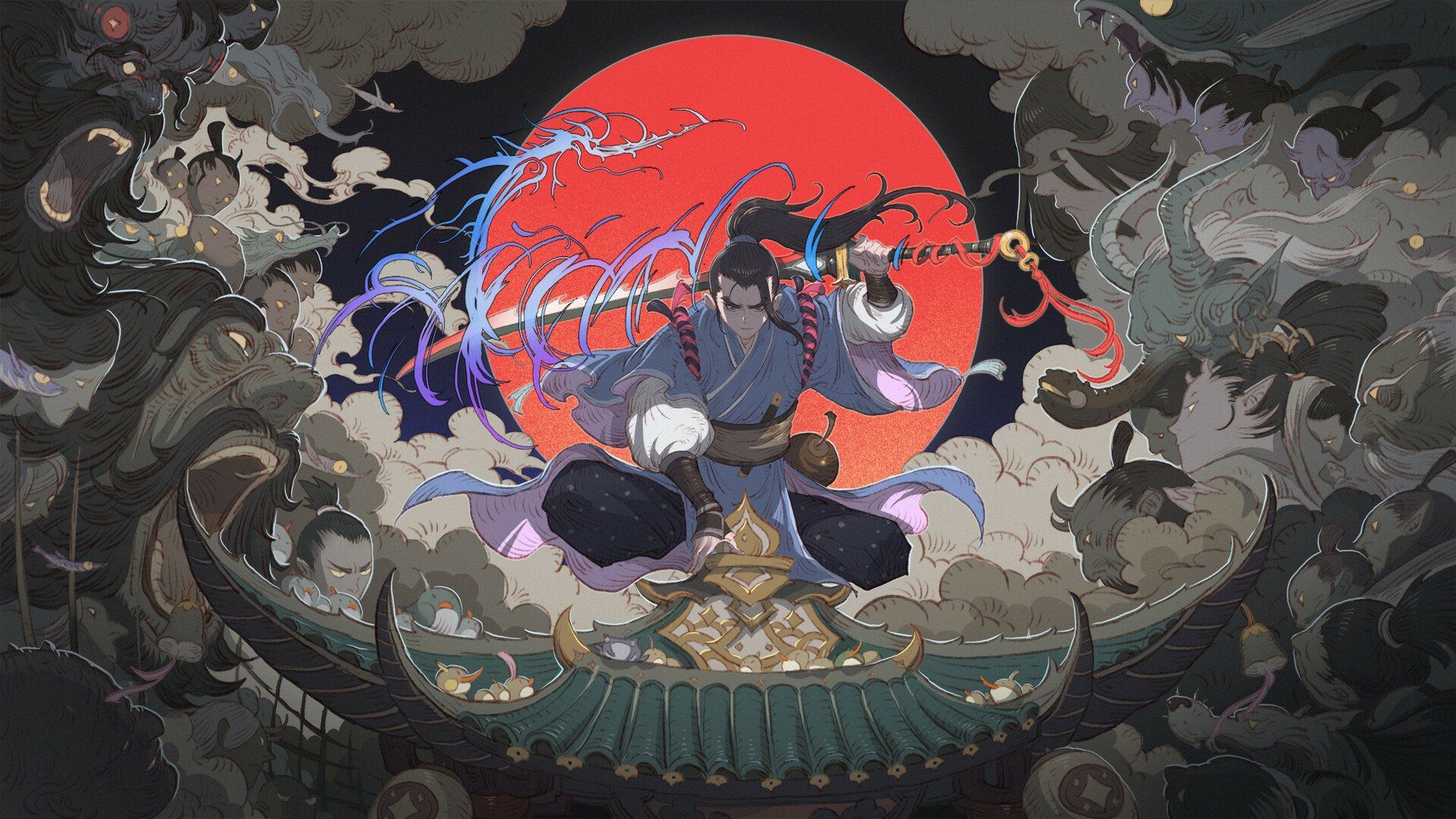 1920x1080 Epic Fantasy Samurai: HD Warrior Under the Blood Moon