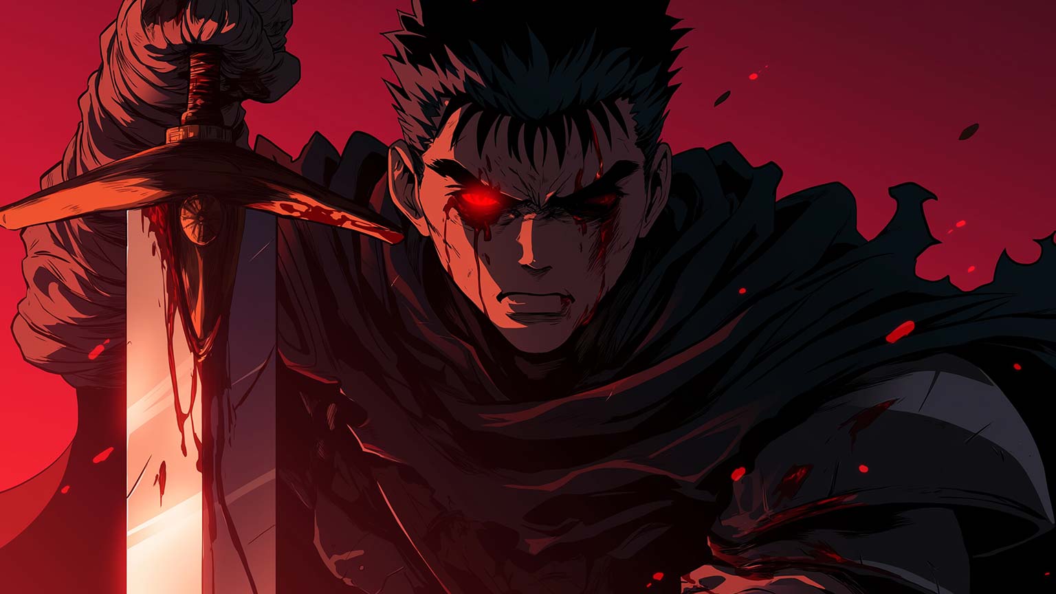 1536x864 Free Berserk Guts with Red Glowing Eye Desktop Wallpaper in 4K