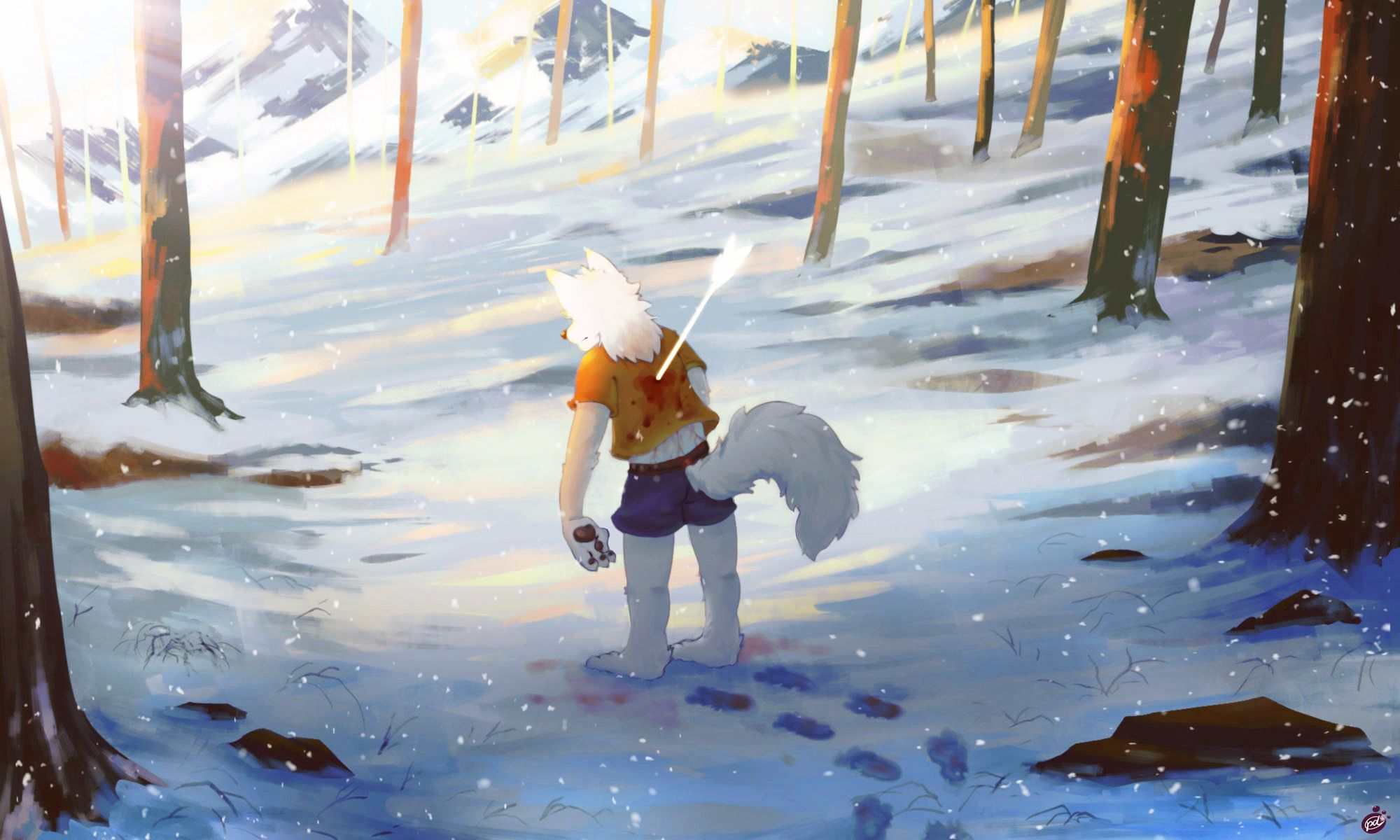 2000x1200 Desktop wallpaper: Furry (Anthropomorphic), Anime, Original, Arrow, Forest, Snow, Wolf 4K free download for PC. 946799