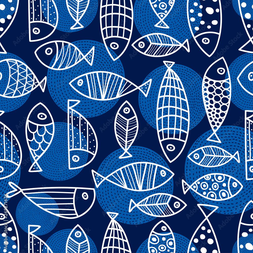 1000x1000 Cute fish. Kids background. Seamless pattern. Can be used for wallpaper, textile, invitation card, wrapping, web page background. Stock Vector