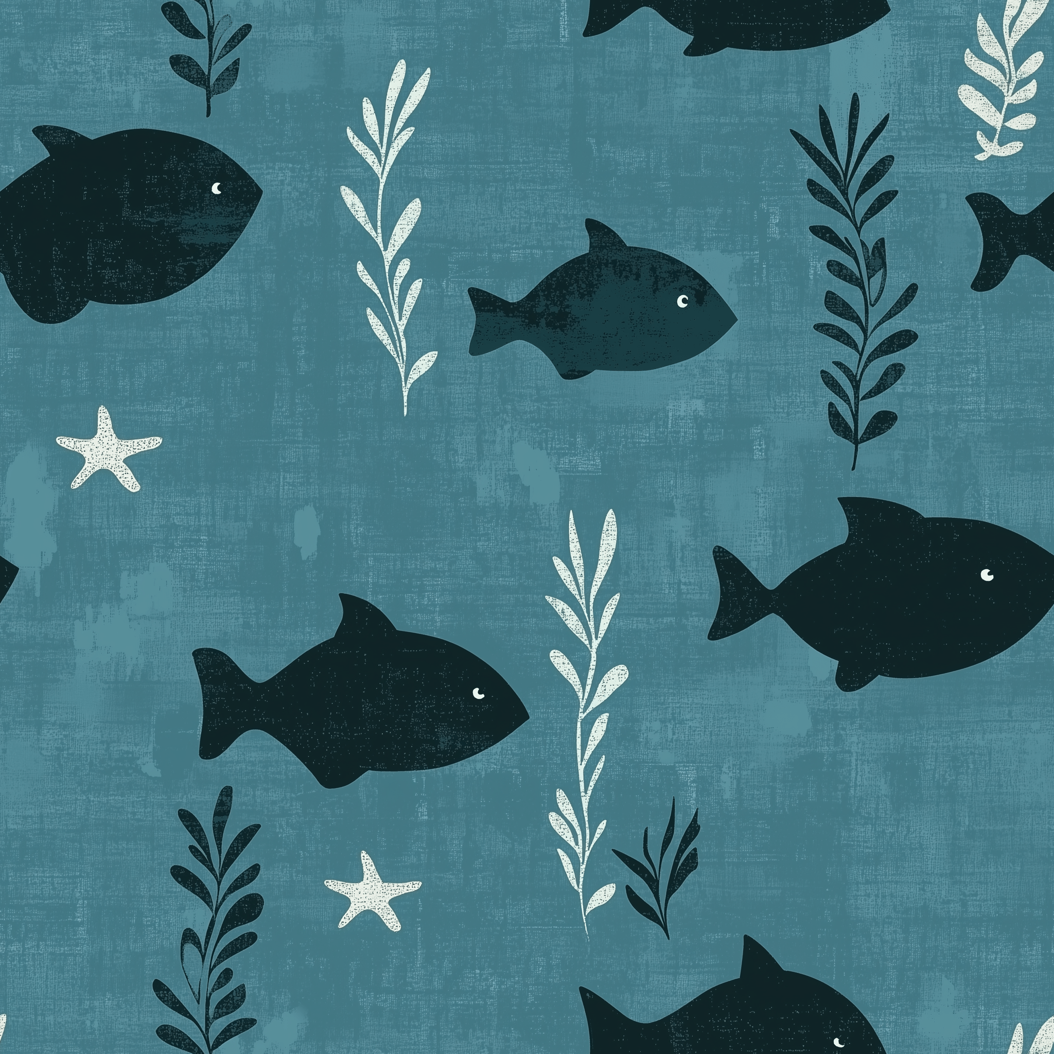 2048x2048 Dark Teal Fish Pattern Wallpaper, Peel and Stick Underwater Life Wallpaper, Nursery Fish and Stars Nautical Wall Decor