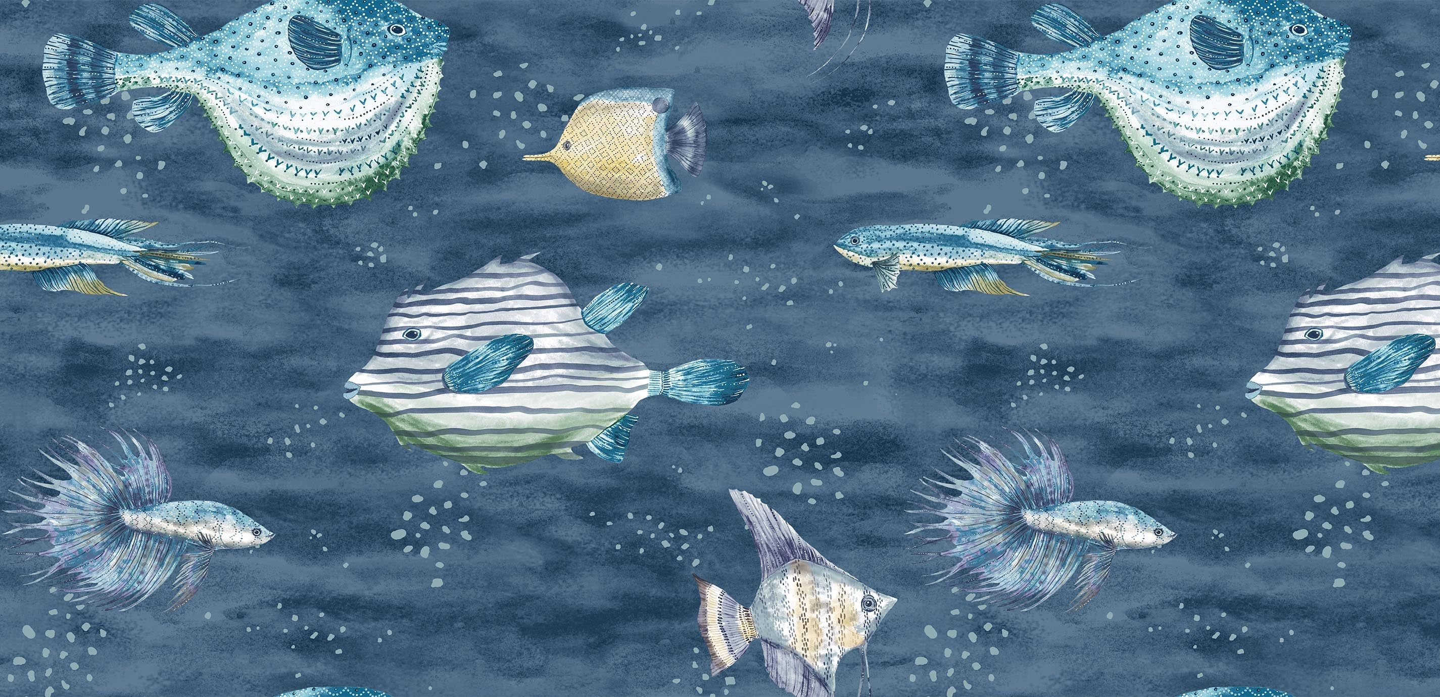 2850x1380 Friendly Fish Wallpaper in Blue, 324l x 27W