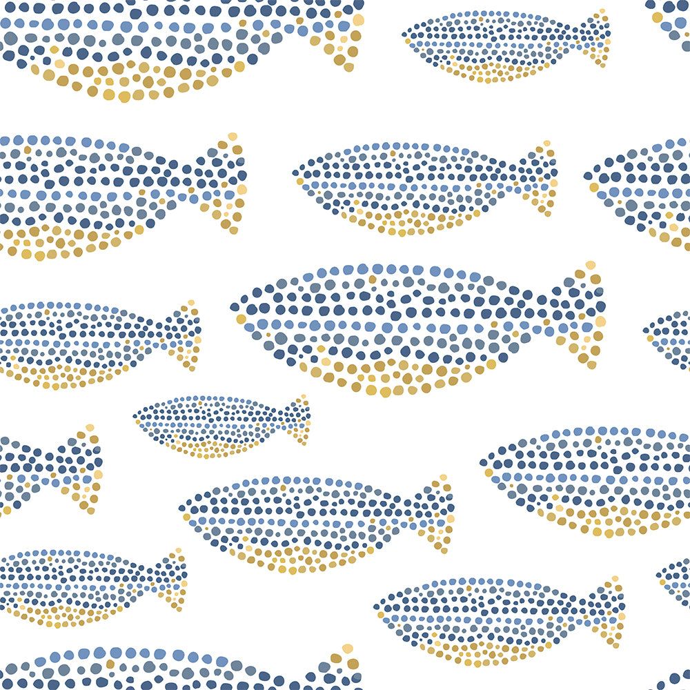 1000x1000 Playful Geometric Blue and Gold Fish Pattern Wallpaper for Kids' Rooms