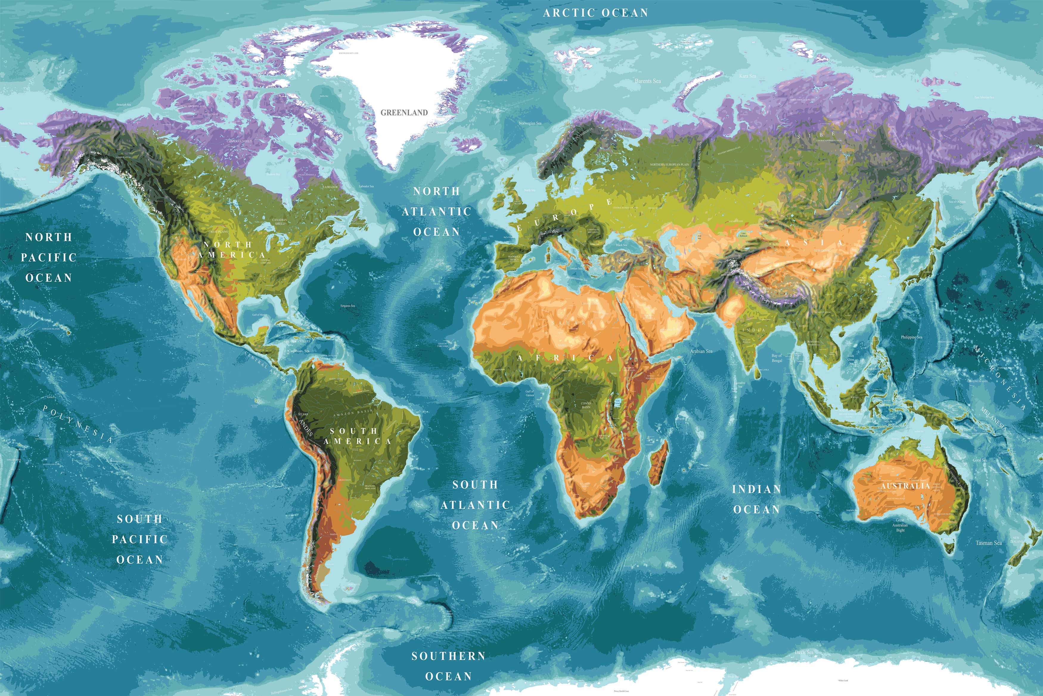 3500x2338 Bathymetric World Map Wallpaper Mural