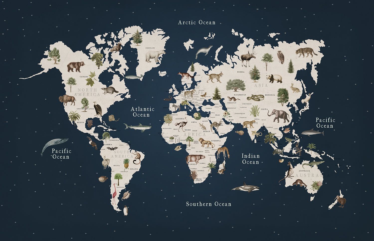 1500x965 Animal World, World Map Mural Wallpaper