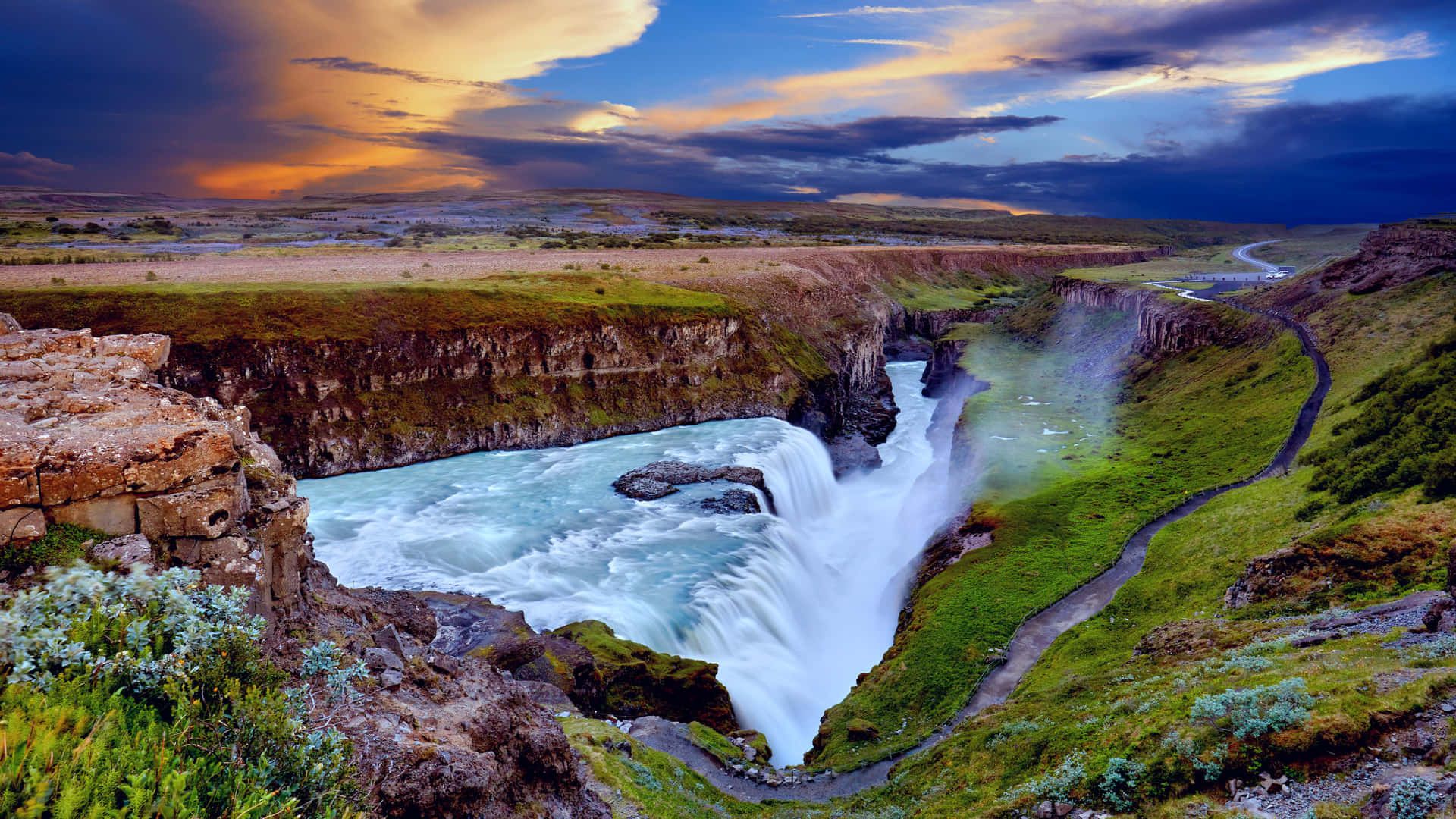1920x1080 Download Gullfoss Waterfall In Southwest Iceland During Twilight Wallpaper
