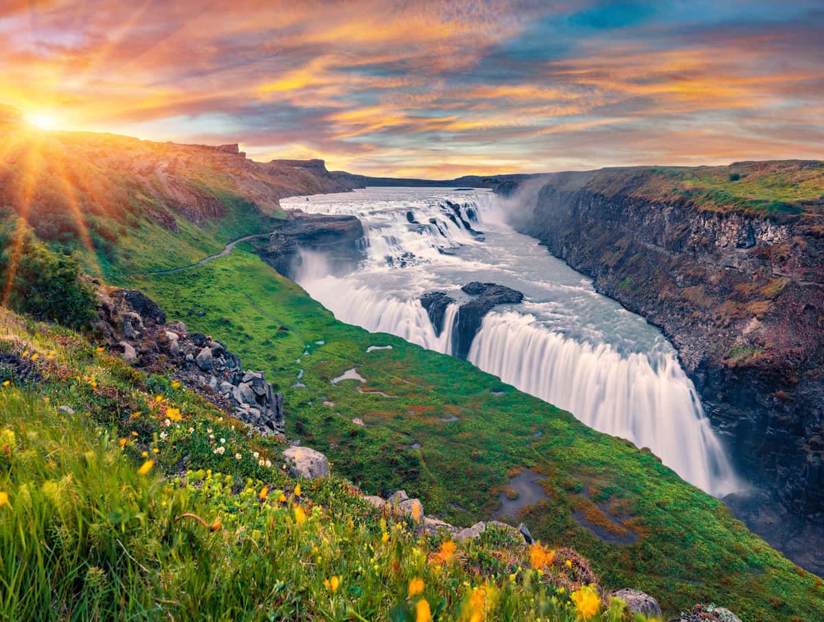 1200x906 Download Gullfoss Waterfall In Southwest Iceland During Sunrise Wallpaper