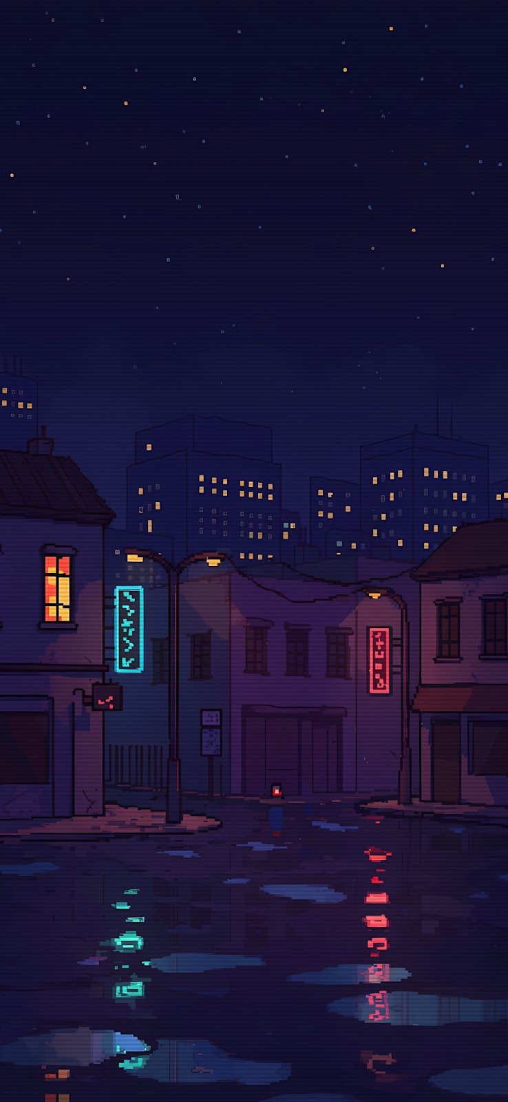 738x1600 Cool Pixel Art Urban Night Wallpaper for Phone