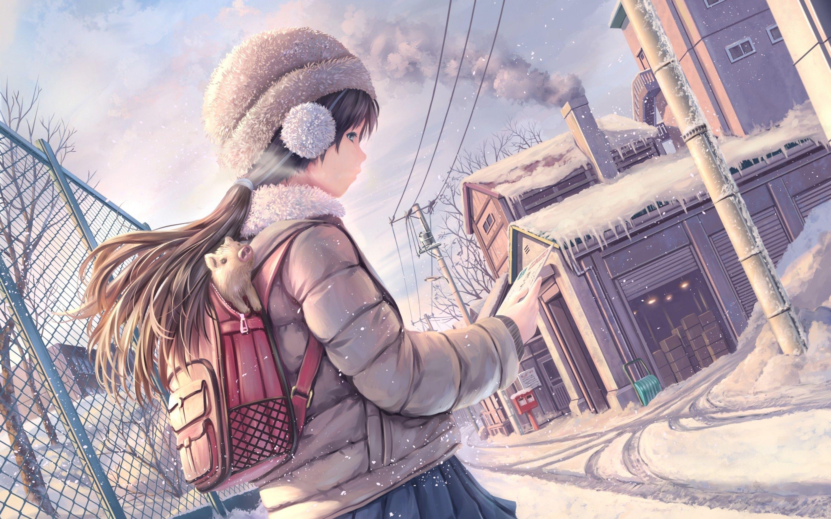 2880x1800 Download 2880x1800 Anime School Girl, Winter, Street, Snow, Smoke